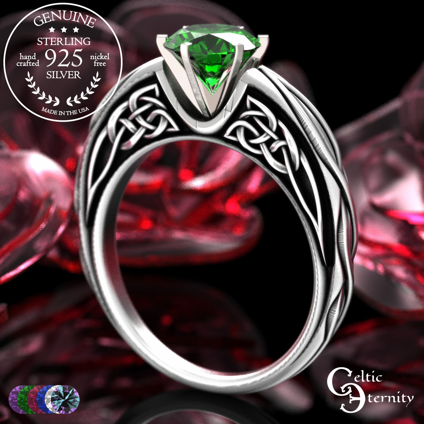 Sterling Celtic Scrollwork Gallery Engagement Ring - Emerald, 2113