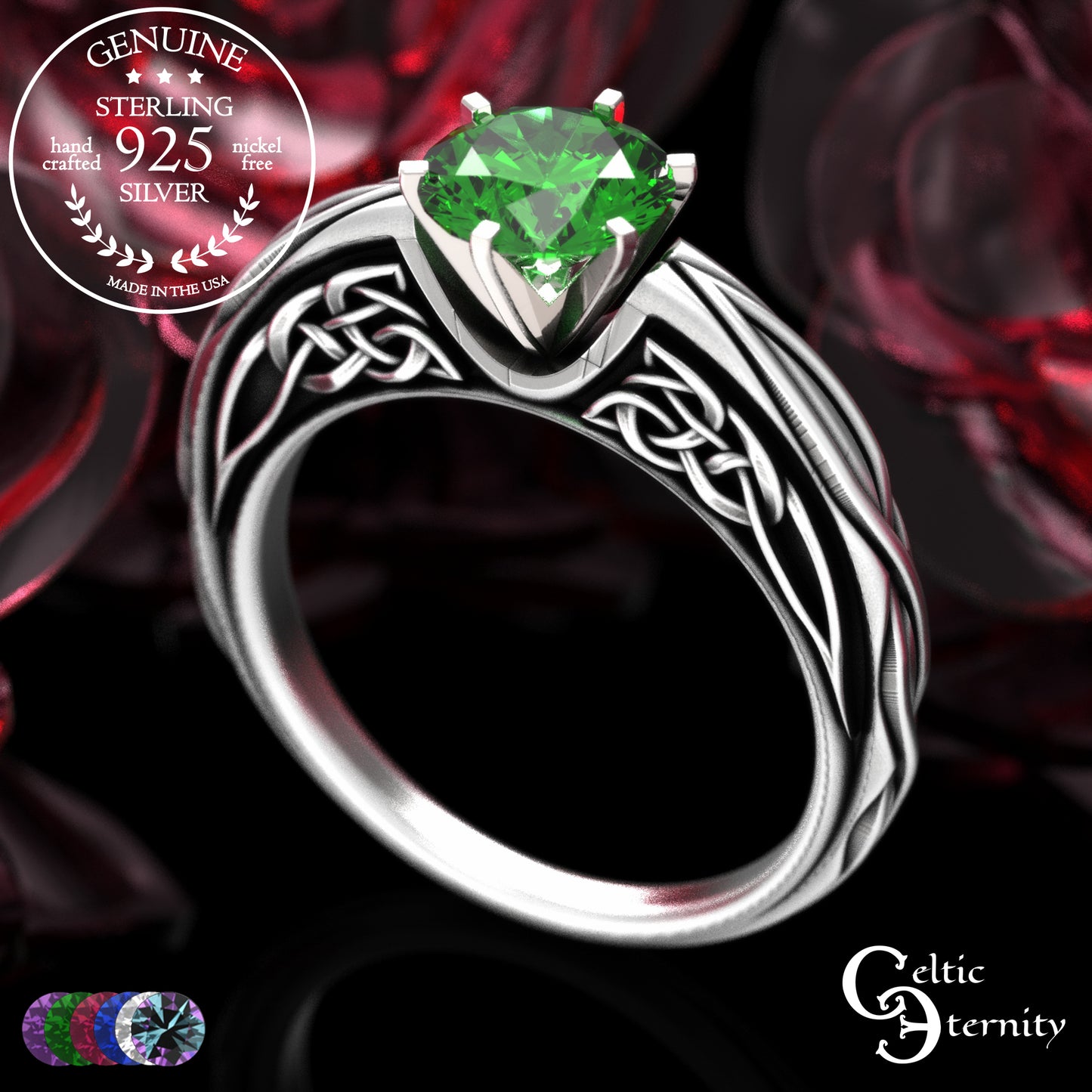 Sterling Celtic Scrollwork Gallery Engagement Ring - Emerald, 2113