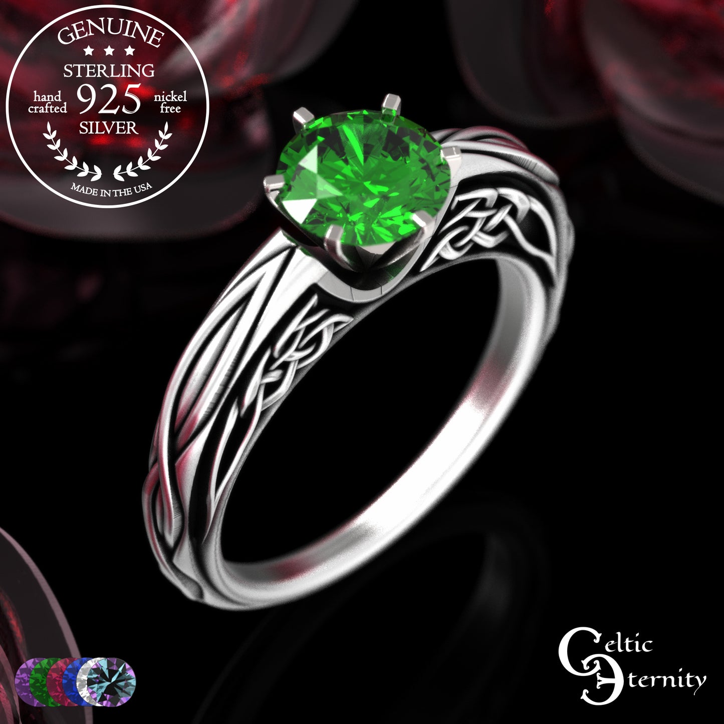 Sterling Celtic Scrollwork Gallery Engagement Ring - Emerald, 2113