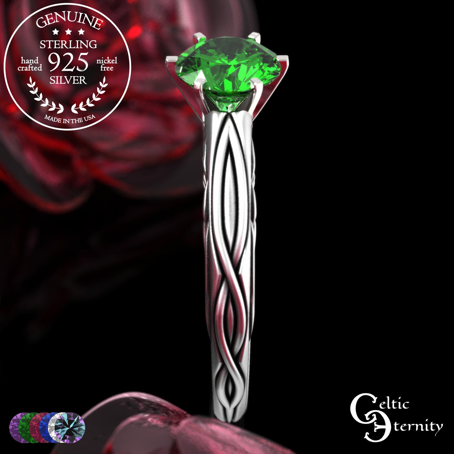 Sterling Celtic Scrollwork Gallery Engagement Ring - Emerald, 2113