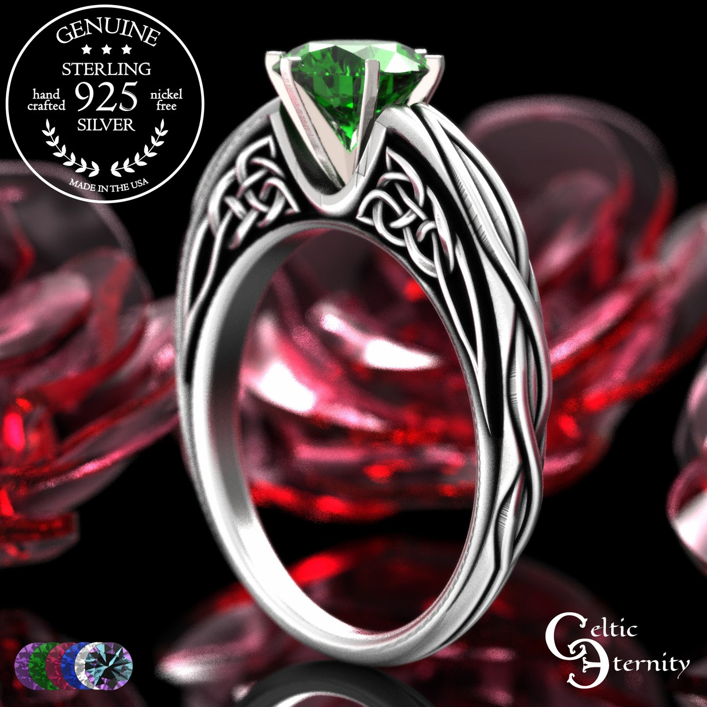 Sterling Celtic Scrollwork Gallery Engagement Ring - Emerald, 2113