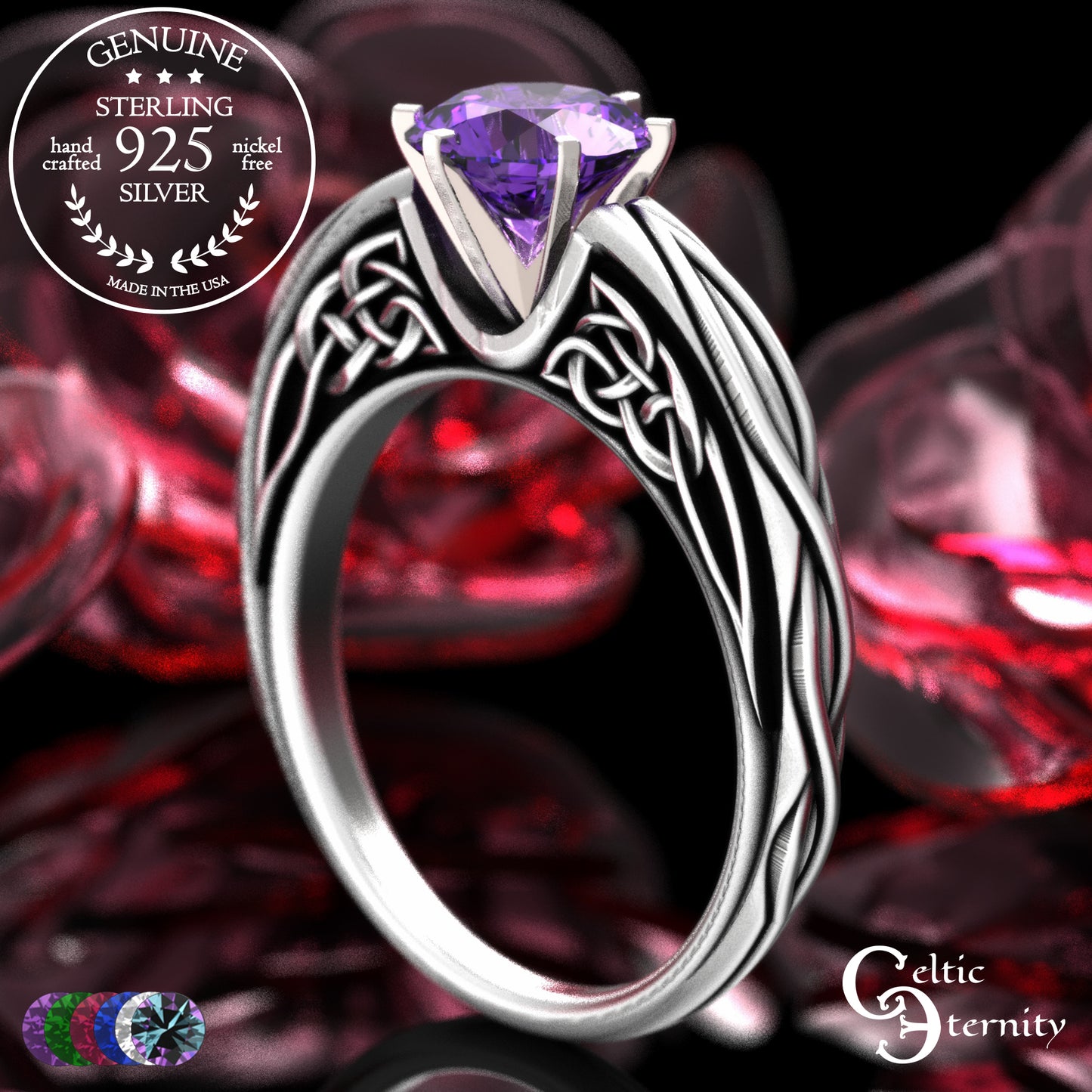 Sterling Celtic Scrollwork Gallery Engagement Ring - Emerald, 2113