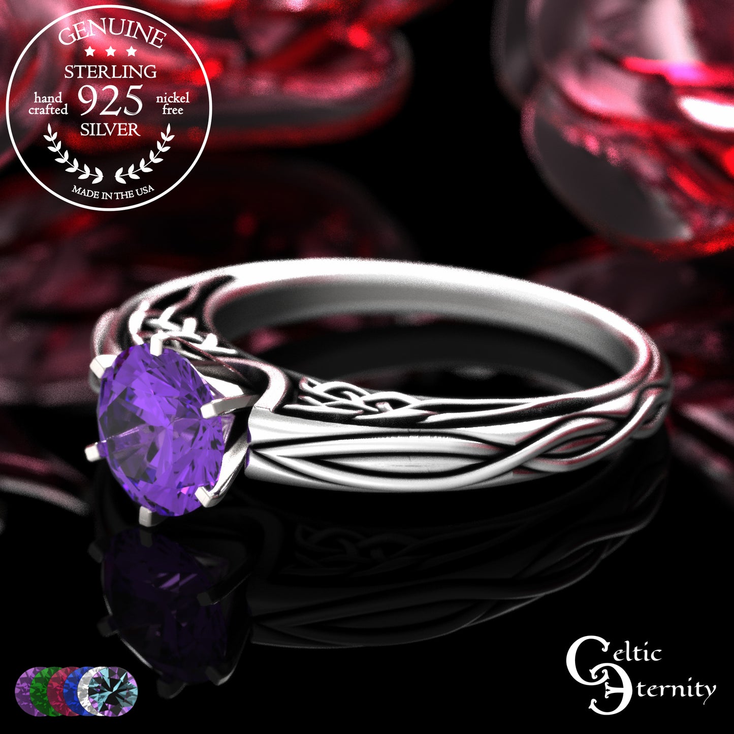Sterling Celtic Scrollwork Gallery Engagement Ring - Emerald, 2113