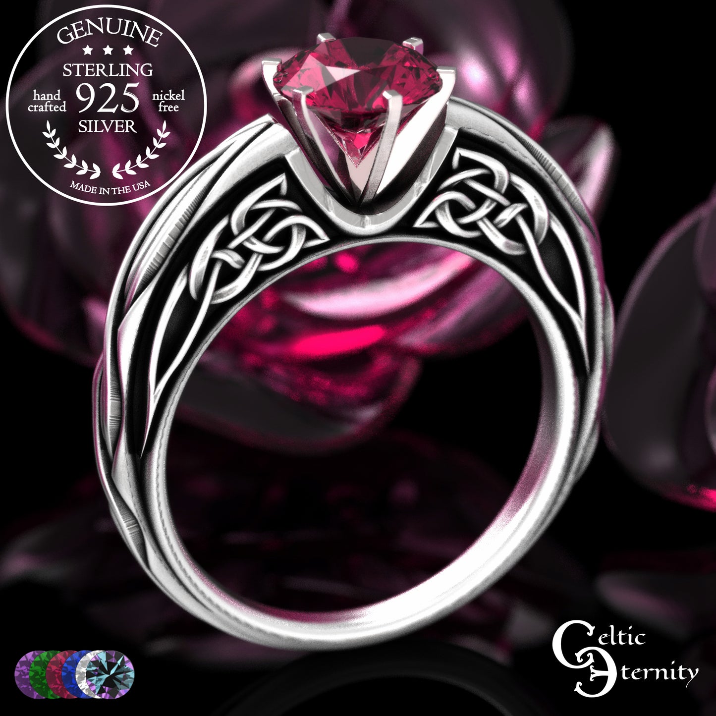 Sterling Celtic Scrollwork Gallery Engagement Ring - Emerald, 2113