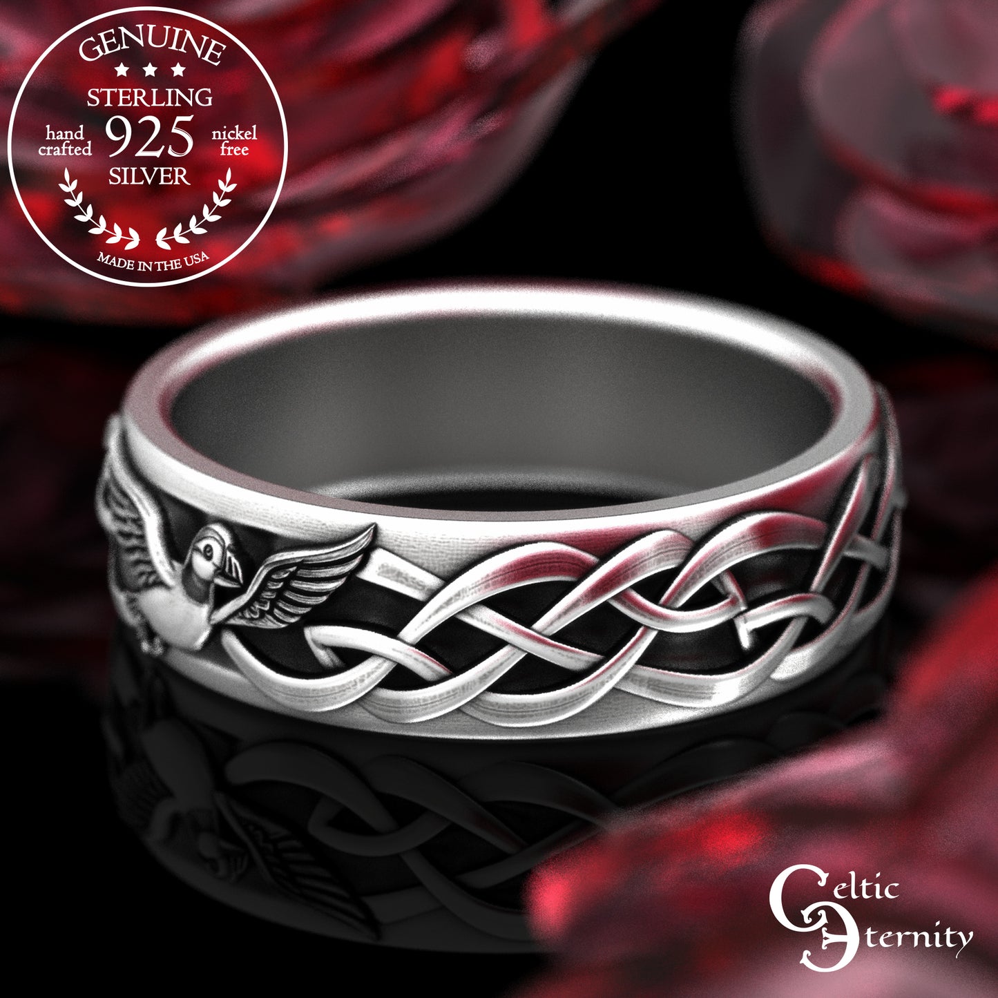 Sterling Silver His & Hers Puffin Wedding Band Set - Irish Knotwork, 2117 2118