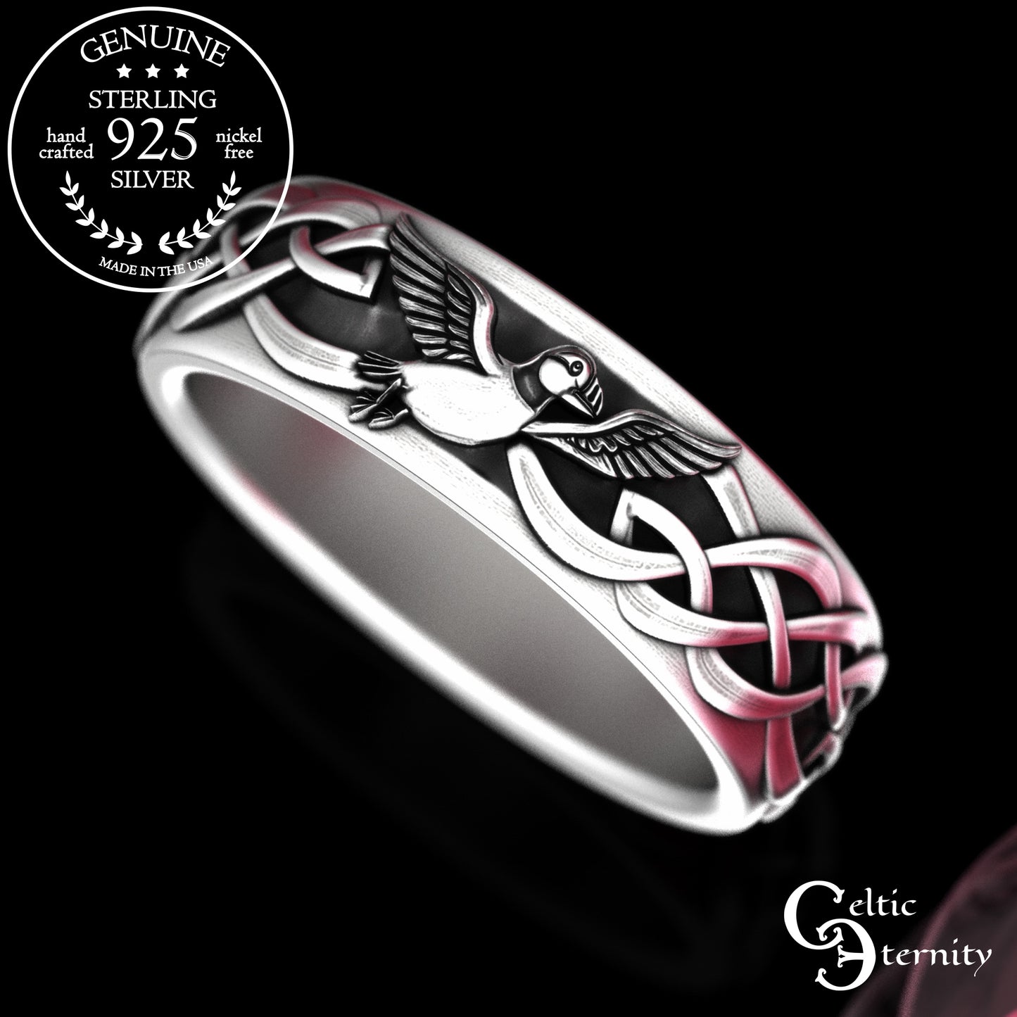 Sterling Silver His & Hers Puffin Wedding Band Set - Irish Knotwork, 2117 2118