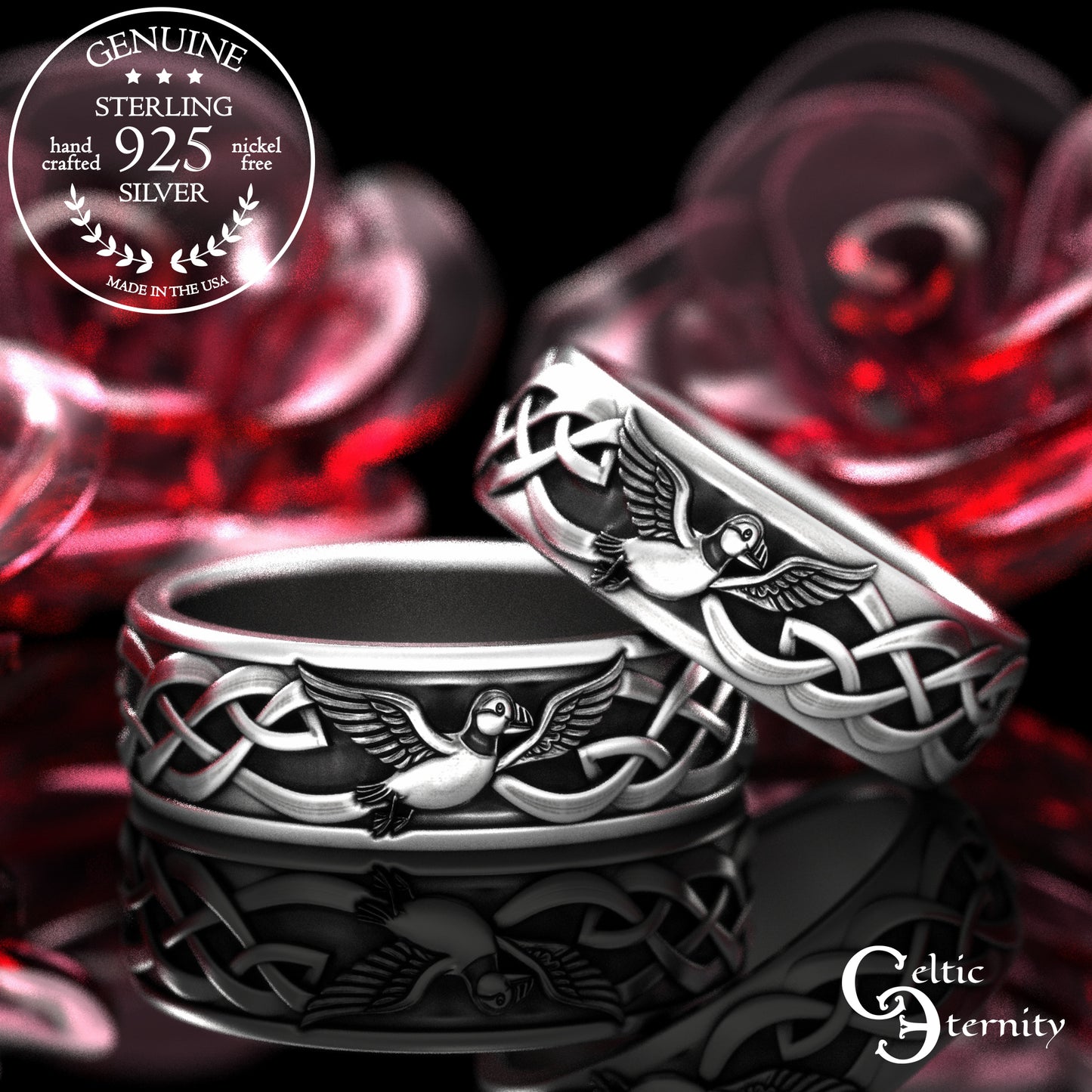 Sterling Silver His & Hers Puffin Wedding Band Set - Irish Knotwork, 2117 2118