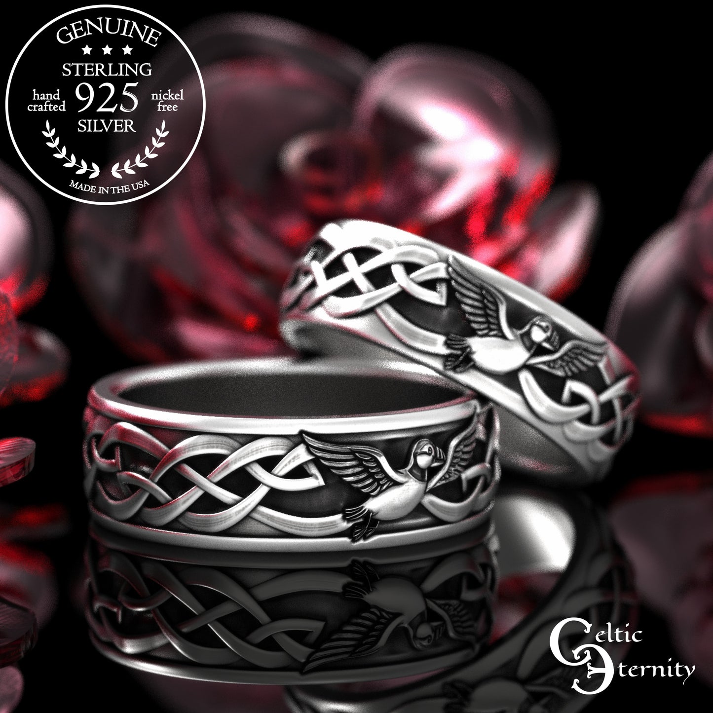 Sterling Silver His & Hers Puffin Wedding Band Set - Irish Knotwork, 2117 2118
