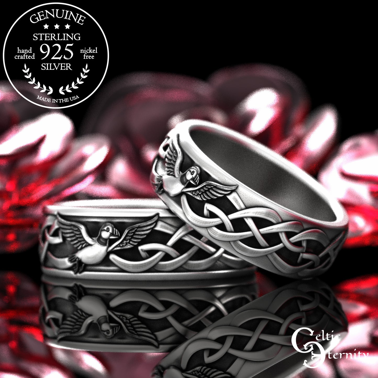 Sterling Silver His & Hers Puffin Wedding Band Set - Irish Knotwork, 2117 2118