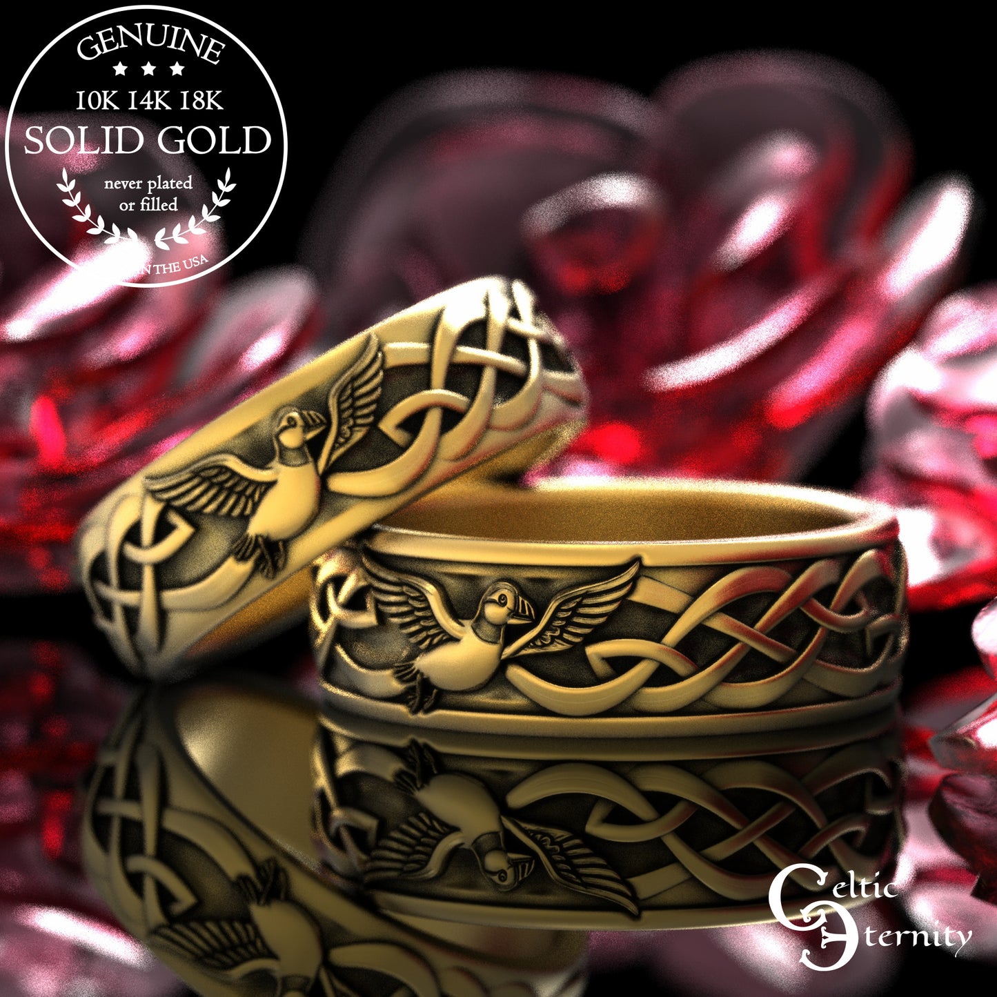 Sterling Silver His & Hers Puffin Wedding Band Set - Irish Knotwork, 2117 2118