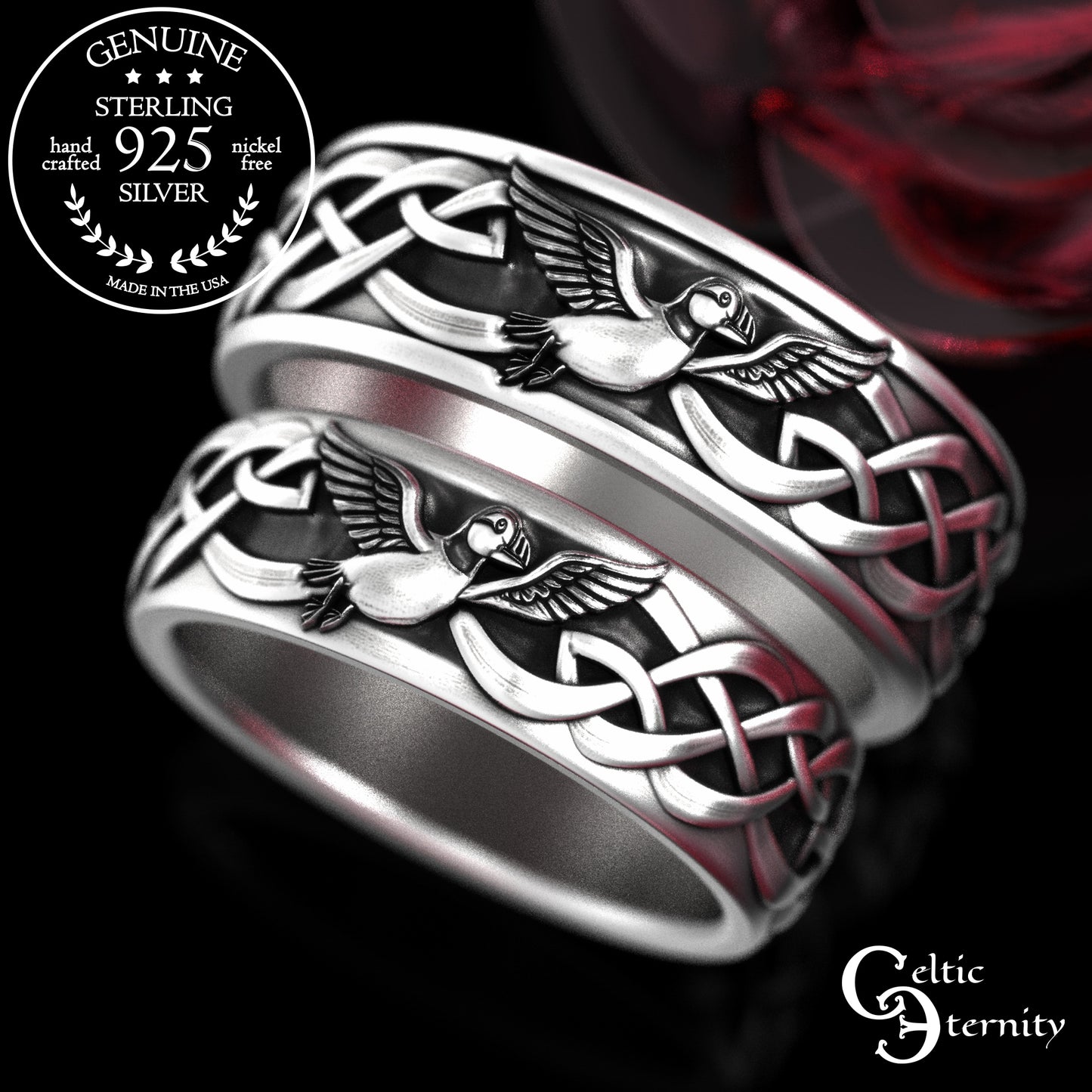 Sterling Silver His & Hers Puffin Wedding Band Set - Irish Knotwork, 2117 2118