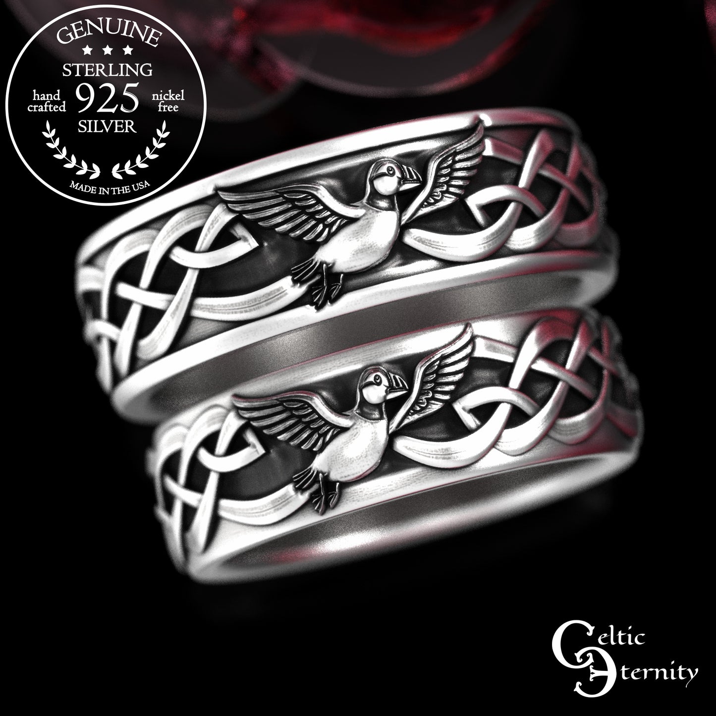 Sterling Silver His & Hers Puffin Wedding Band Set - Irish Knotwork, 2117 2118