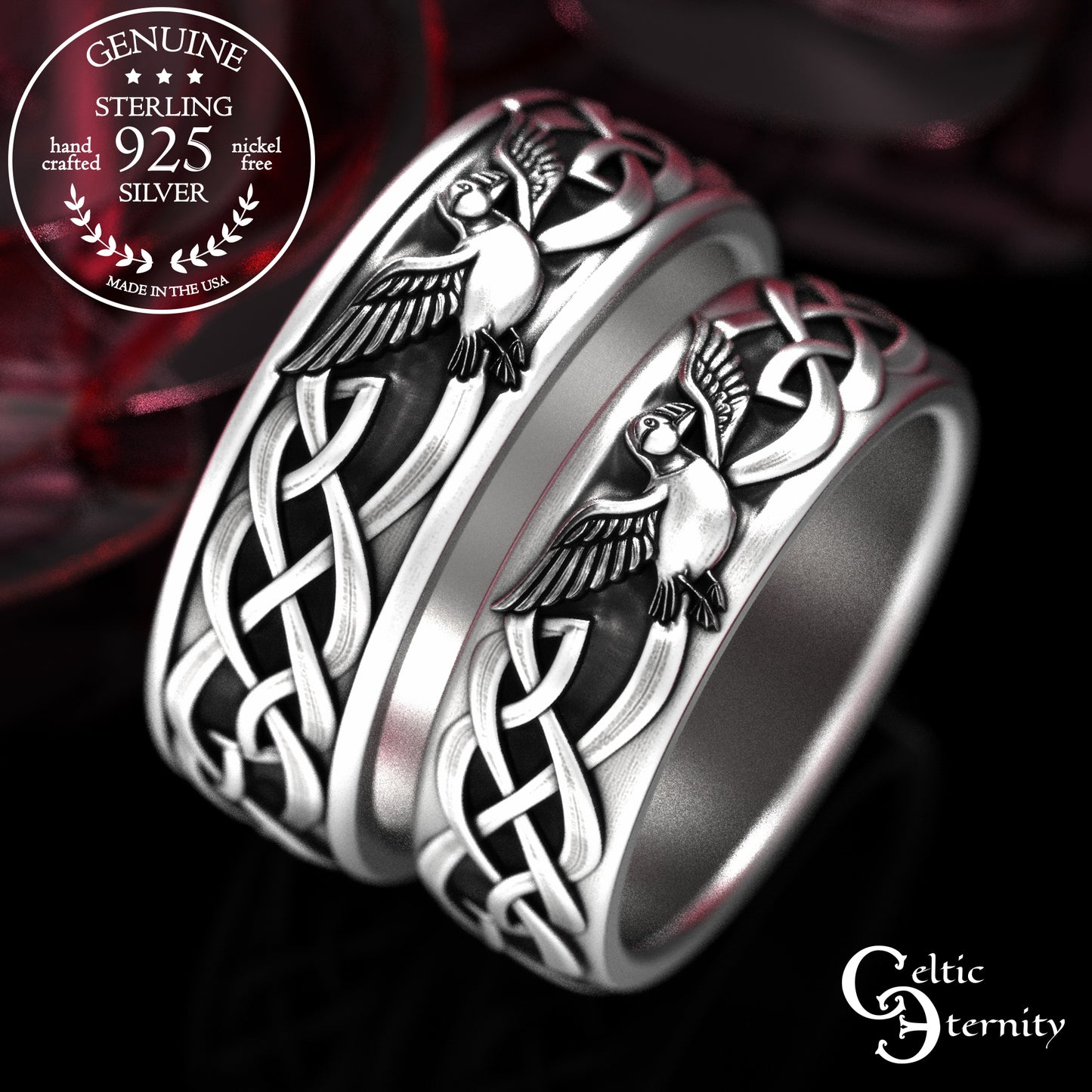 Sterling Silver His & Hers Puffin Wedding Band Set - Irish Knotwork, 2117 2118