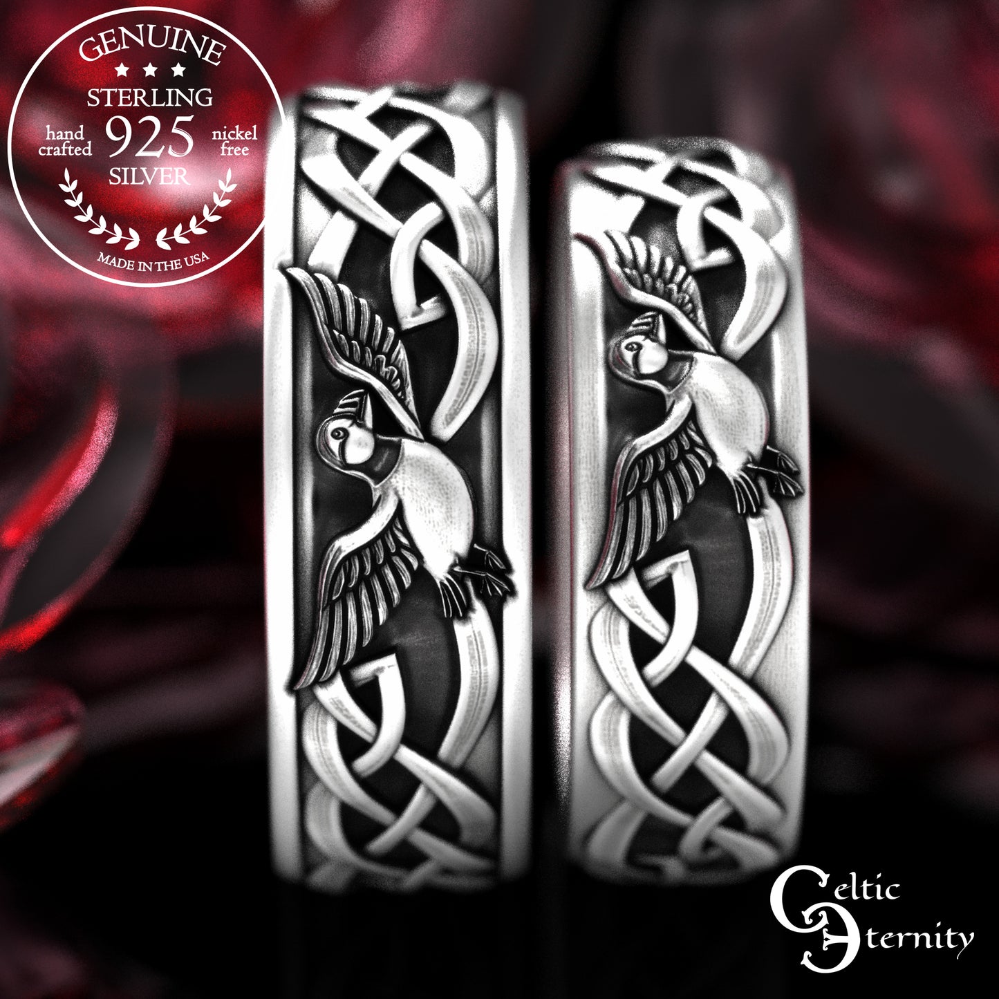 Sterling Silver His & Hers Puffin Wedding Band Set - Irish Knotwork, 2117 2118