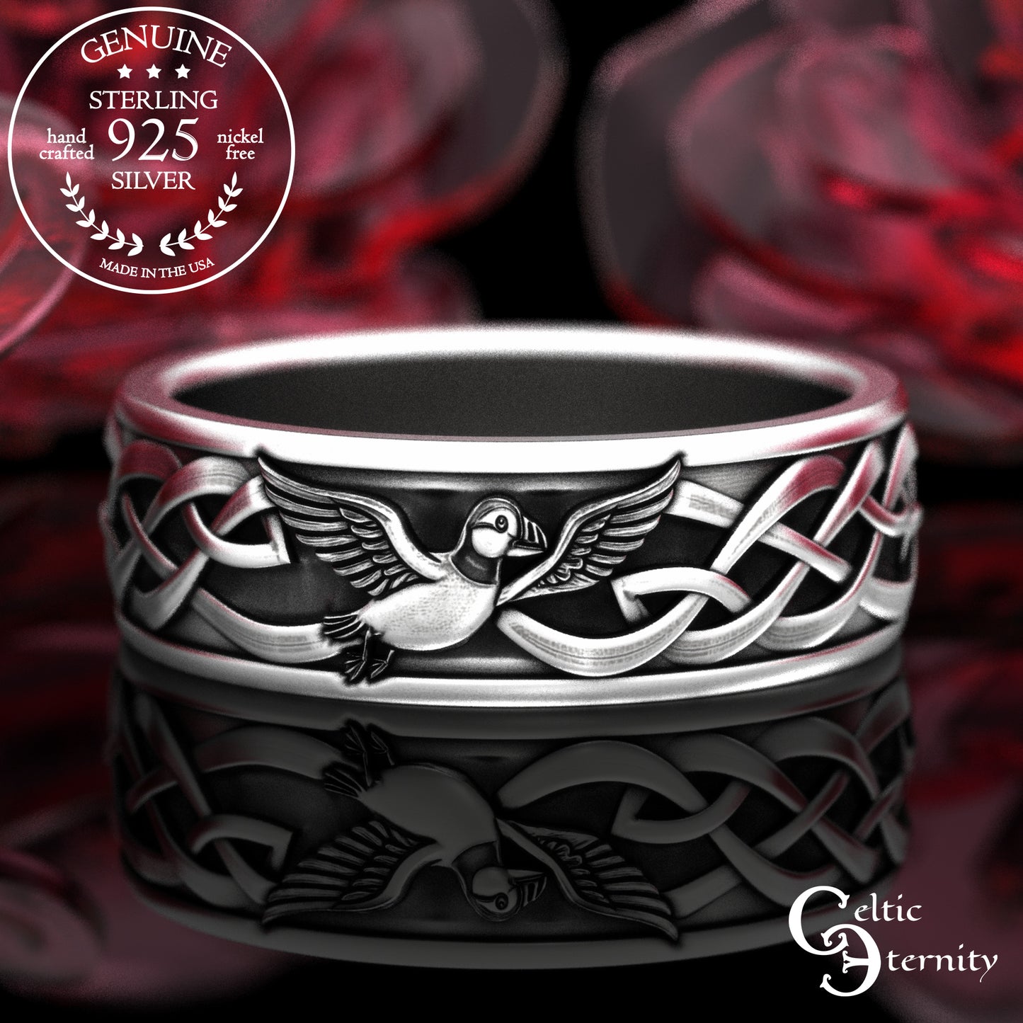 Sterling Silver His & Hers Puffin Wedding Band Set - Irish Knotwork, 2117 2118