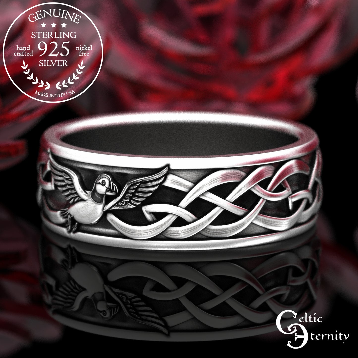 Sterling Silver His & Hers Puffin Wedding Band Set - Irish Knotwork, 2117 2118