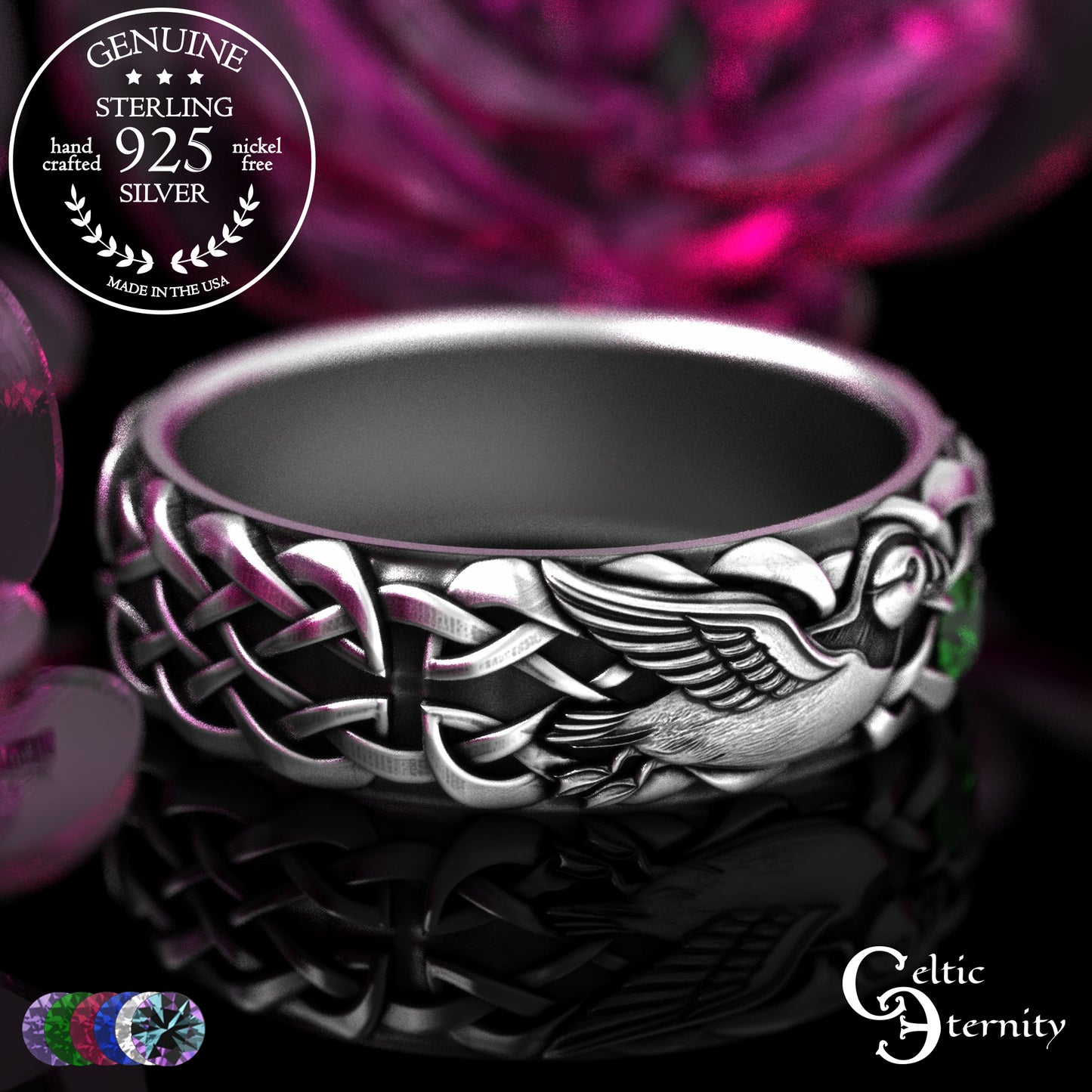 Sterling & Emerald Matching Puffin Wedding Band Set - Sea Parrots, 2119 2120