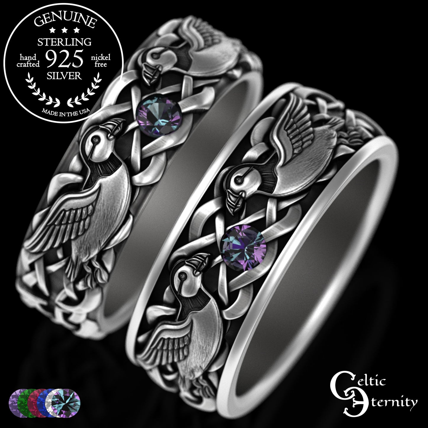 Sterling & Emerald Matching Puffin Wedding Band Set - Sea Parrots, 2119 2120