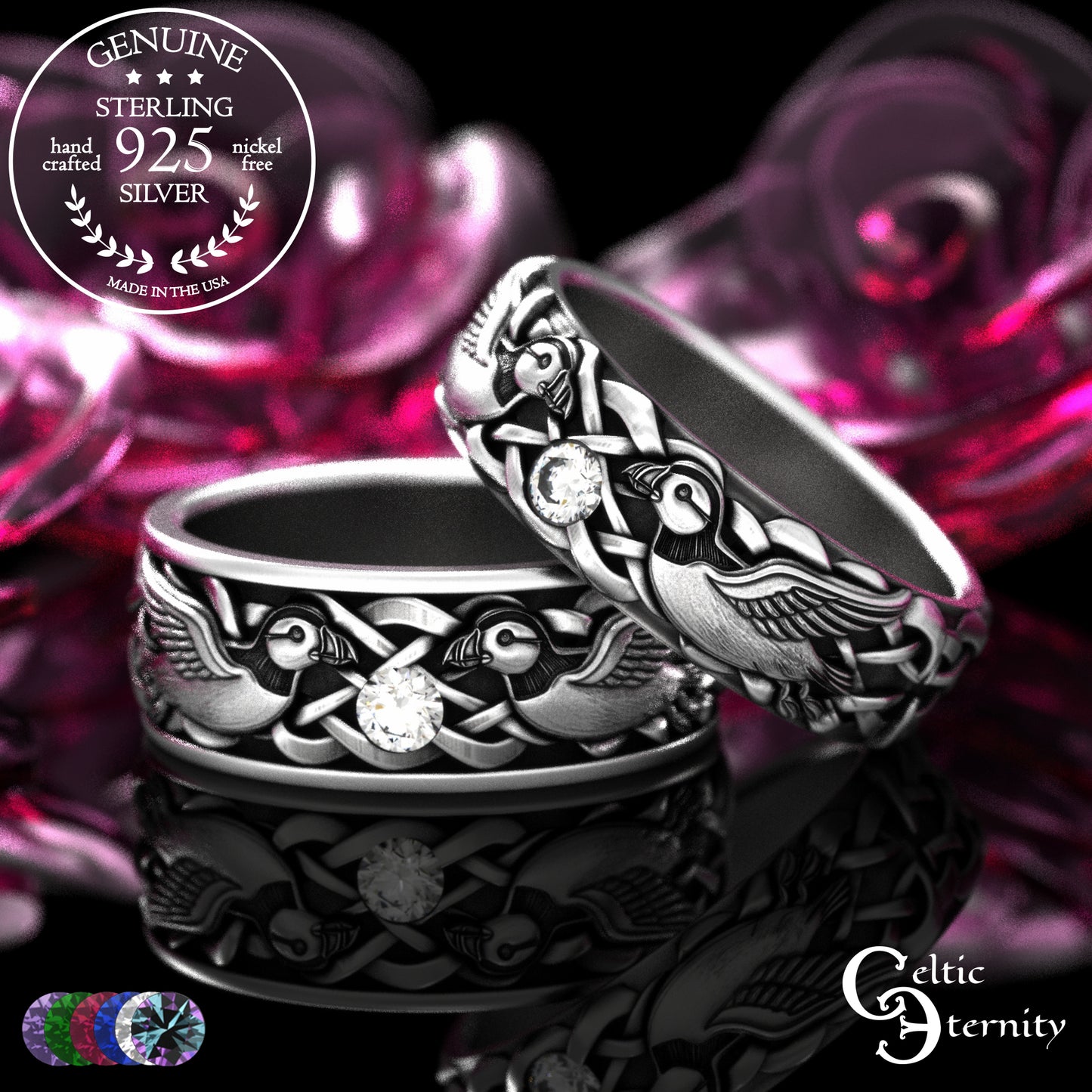 Sterling & Emerald Matching Puffin Wedding Band Set - Sea Parrots, 2119 2120