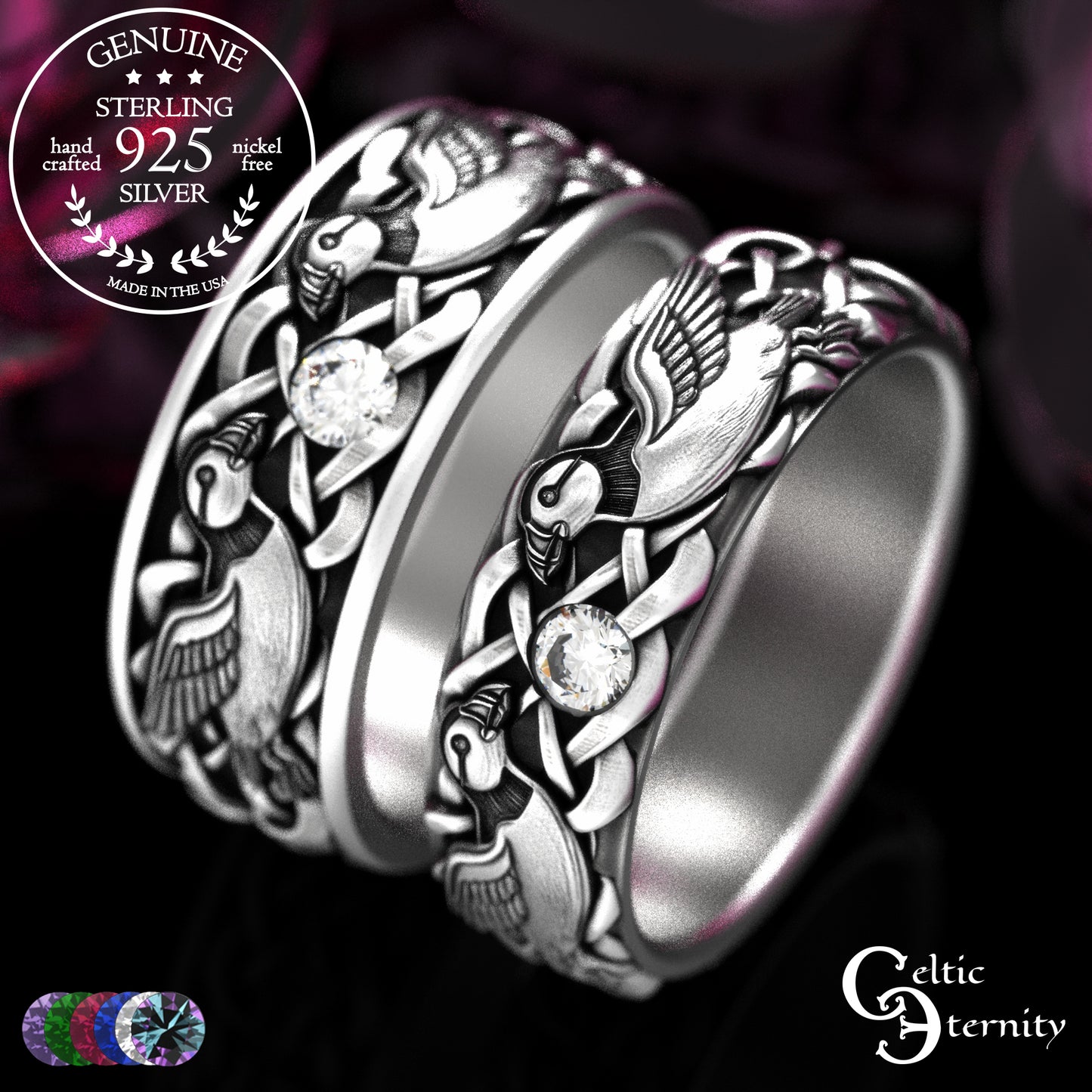 Sterling & Emerald Matching Puffin Wedding Band Set - Sea Parrots, 2119 2120