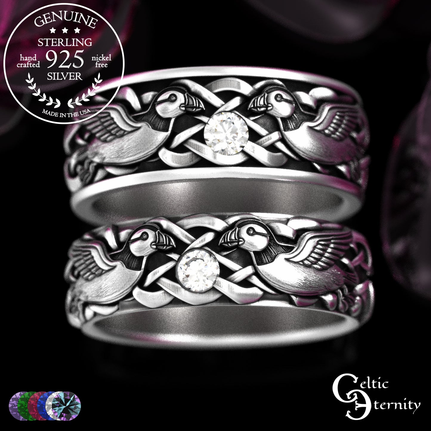 Sterling & Emerald Matching Puffin Wedding Band Set - Sea Parrots, 2119 2120