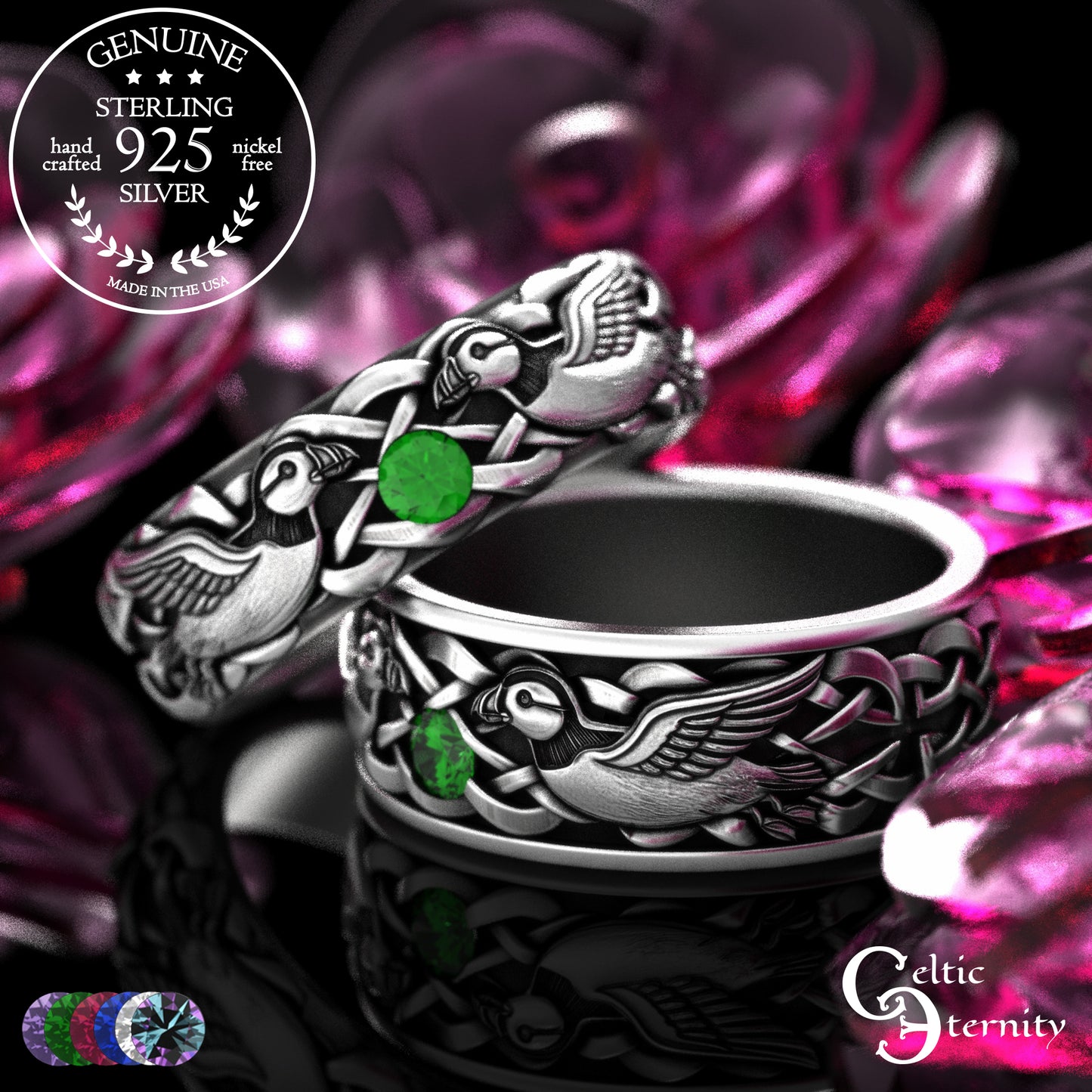 Sterling & Emerald Matching Puffin Wedding Band Set - Sea Parrots, 2119 2120