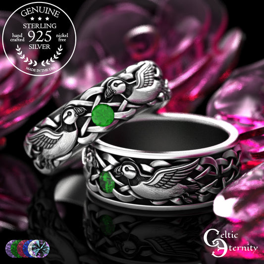 Sterling & Emerald Matching Puffin Wedding Band Set - Sea Parrots, 2119 2120