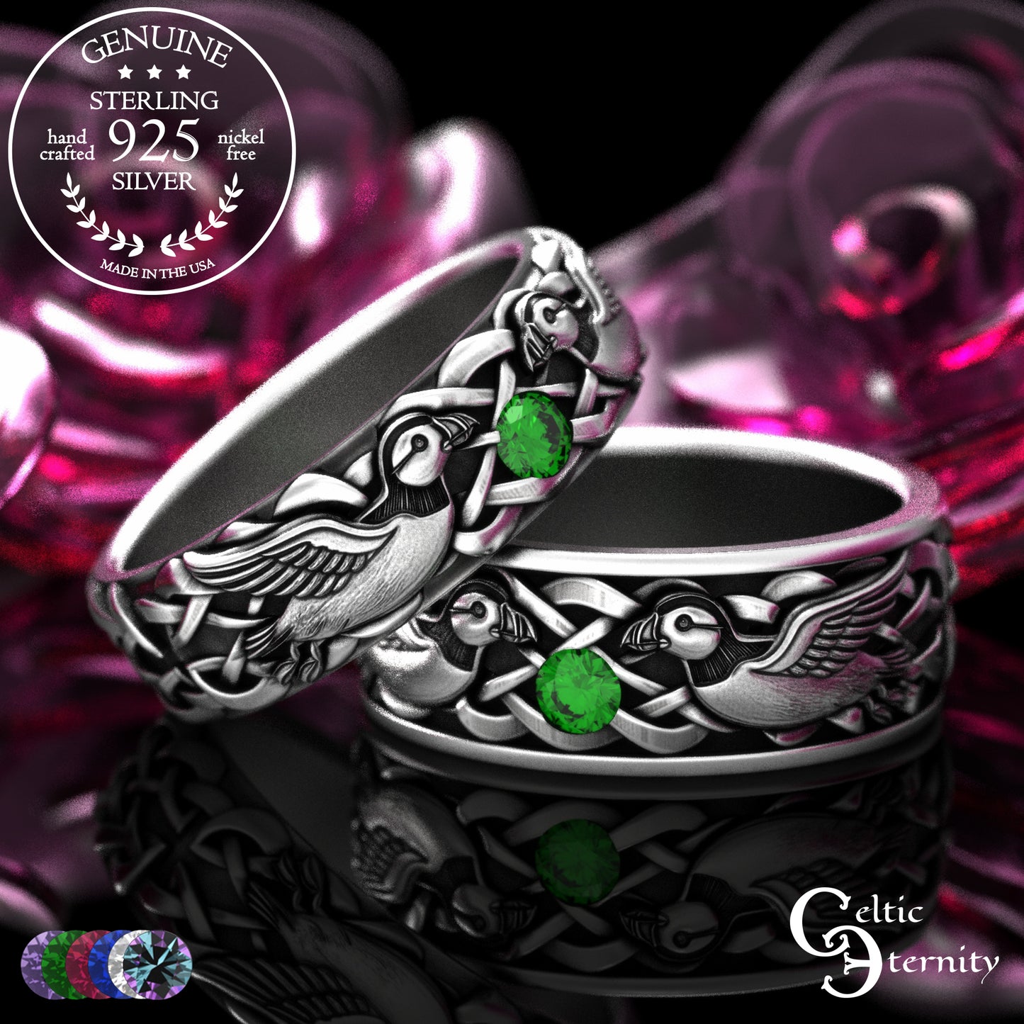 Sterling & Emerald Matching Puffin Wedding Band Set - Sea Parrots, 2119 2120
