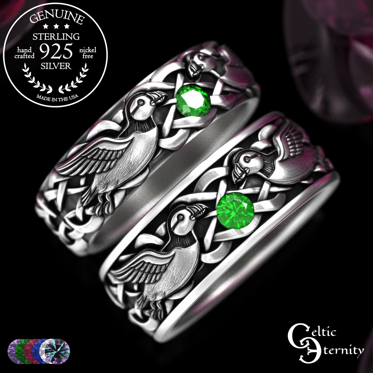 Sterling & Emerald Matching Puffin Wedding Band Set - Sea Parrots, 2119 2120