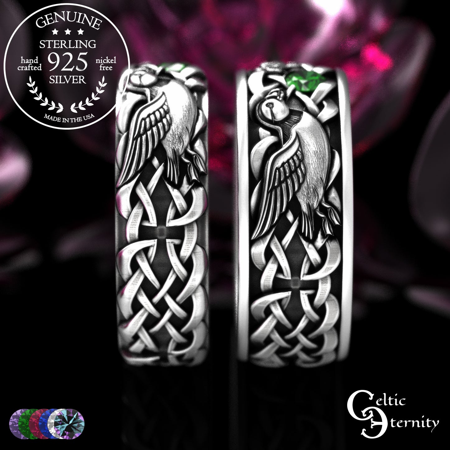 Sterling & Emerald Matching Puffin Wedding Band Set - Sea Parrots, 2119 2120