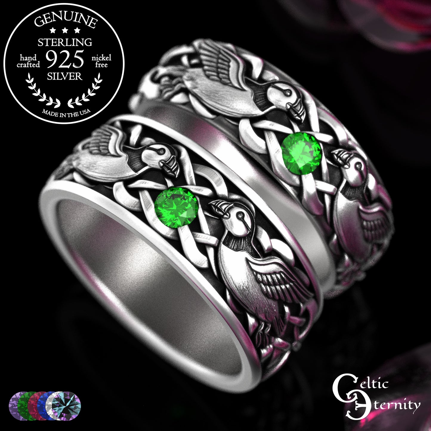 Sterling & Emerald Matching Puffin Wedding Band Set - Sea Parrots, 2119 2120