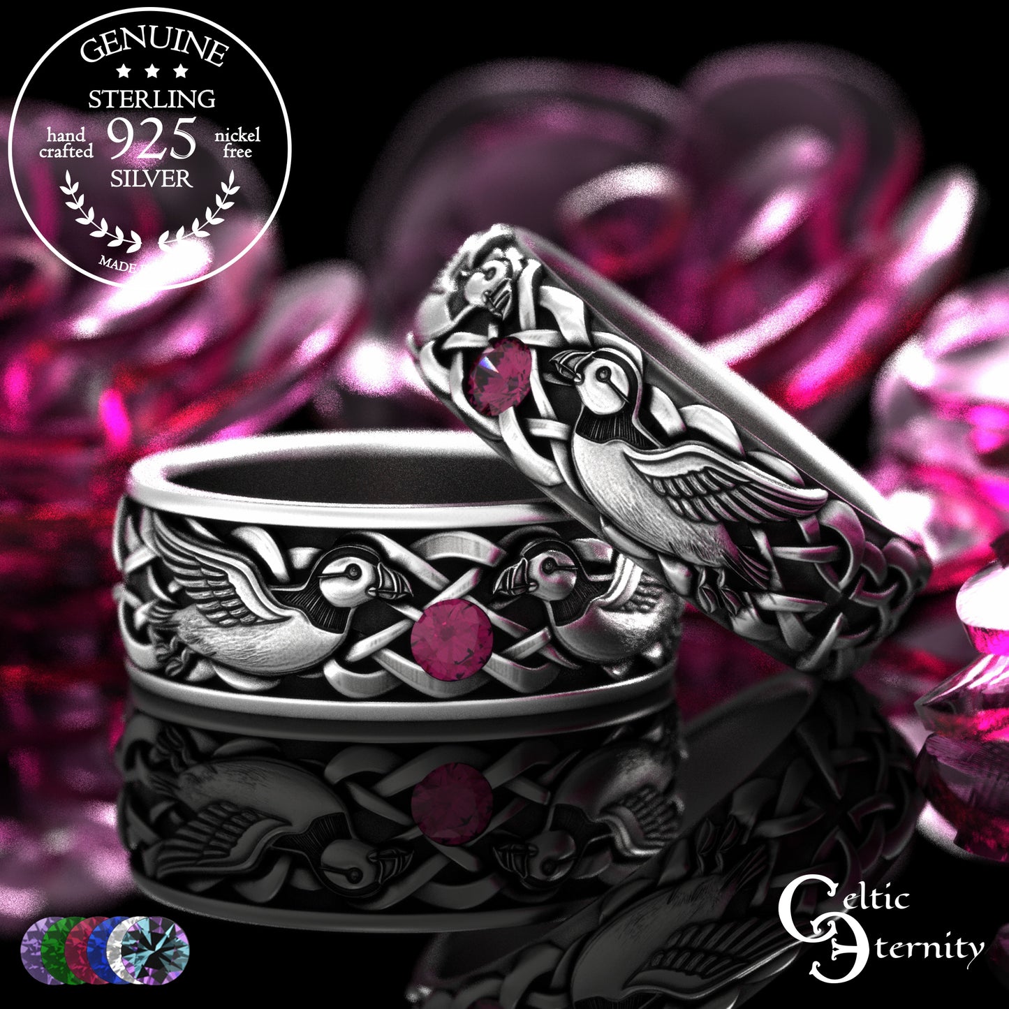 Sterling & Emerald Matching Puffin Wedding Band Set - Sea Parrots, 2119 2120