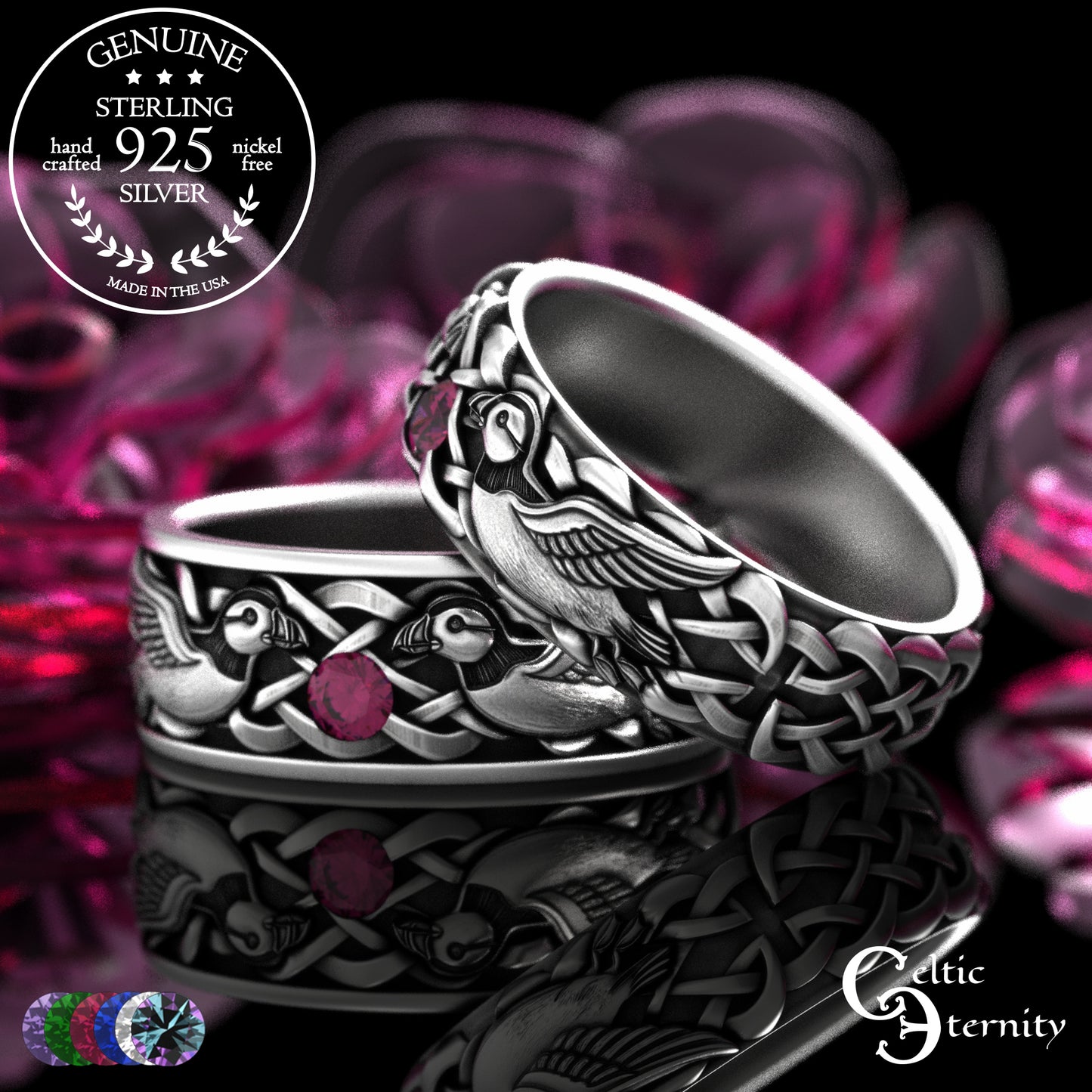Sterling & Emerald Matching Puffin Wedding Band Set - Sea Parrots, 2119 2120