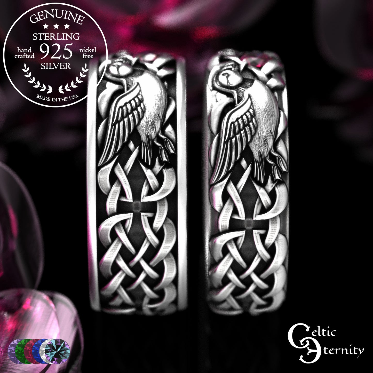 Sterling & Emerald Matching Puffin Wedding Band Set - Sea Parrots, 2119 2120