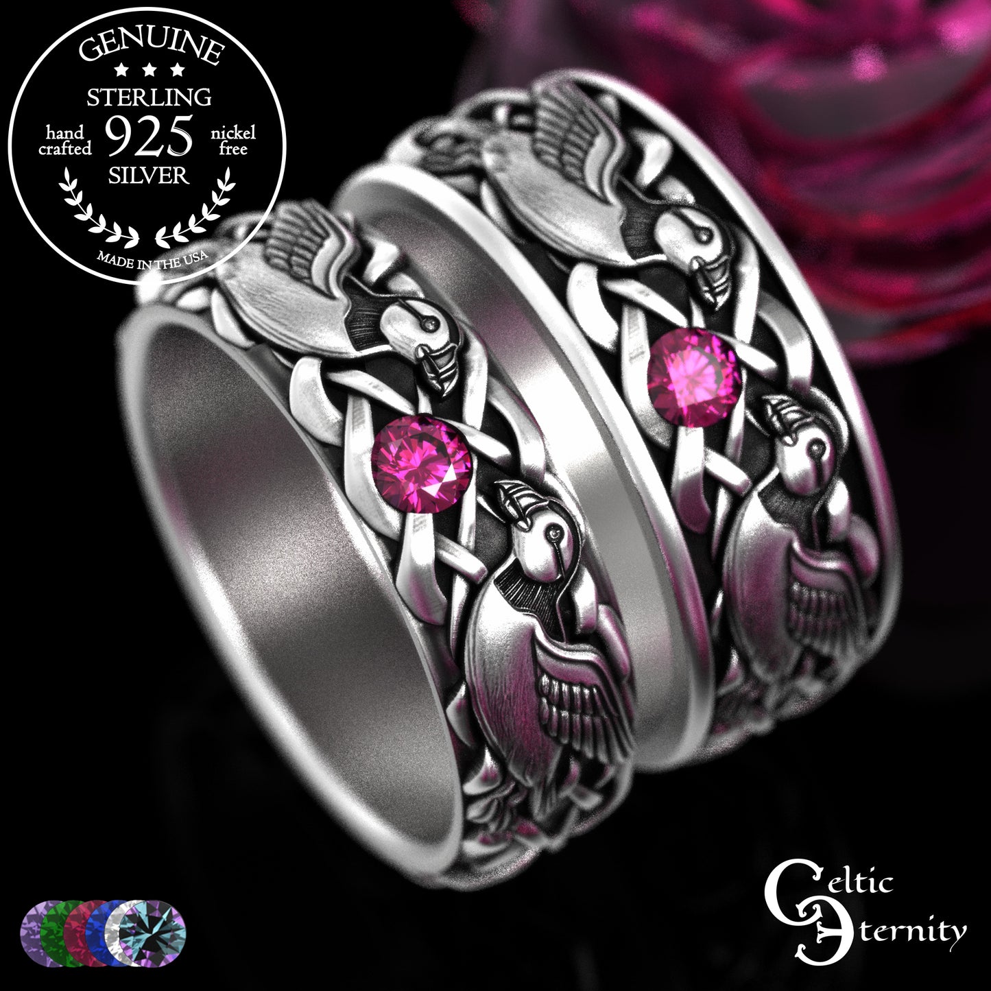 Sterling & Emerald Matching Puffin Wedding Band Set - Sea Parrots, 2119 2120