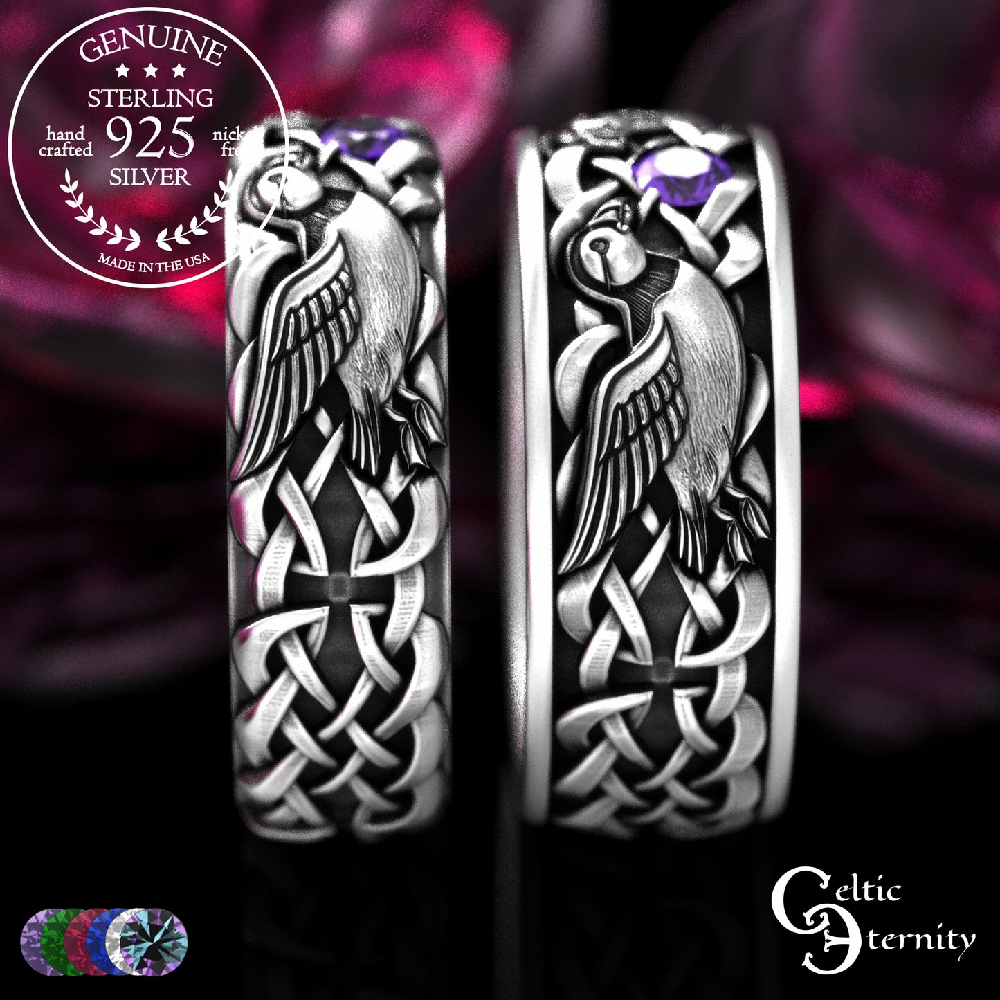 Sterling & Emerald Matching Puffin Wedding Band Set - Sea Parrots, 2119 2120