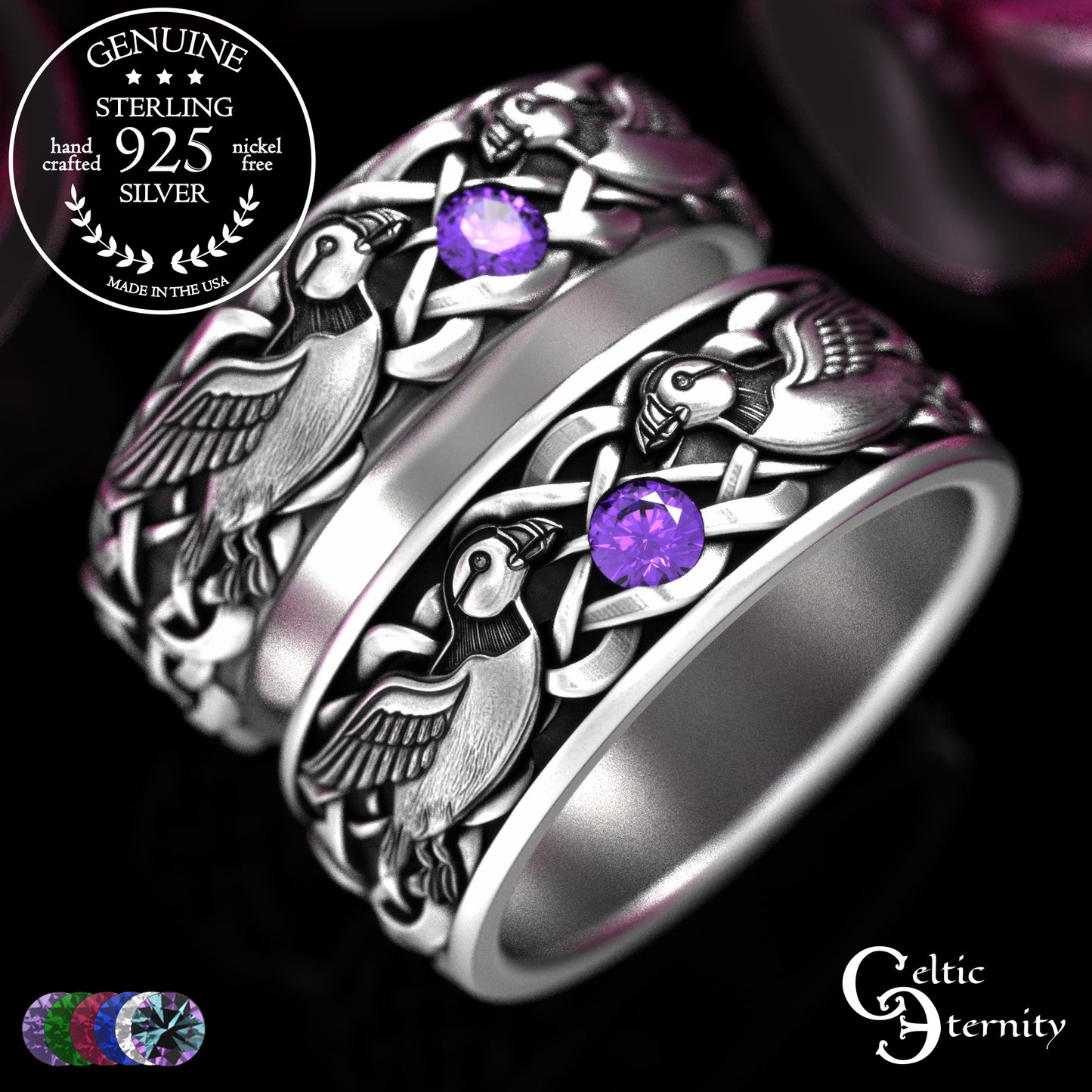 Sterling & Emerald Matching Puffin Wedding Band Set - Sea Parrots, 2119 2120