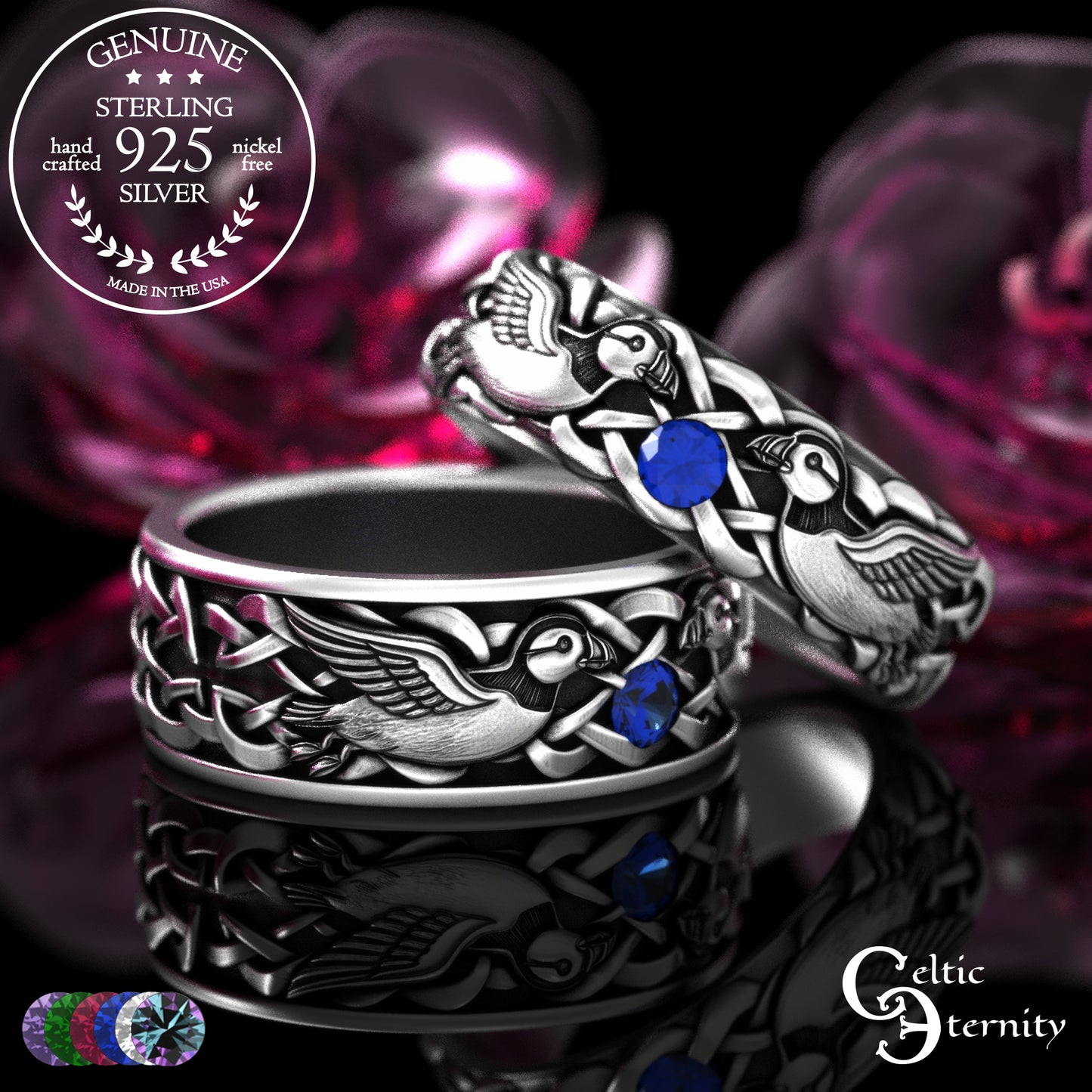 Sterling & Emerald Matching Puffin Wedding Band Set - Sea Parrots, 2119 2120