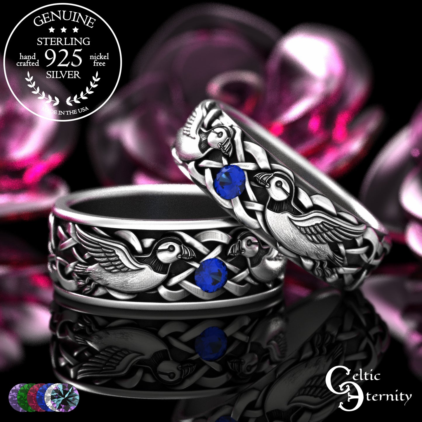 Sterling & Emerald Matching Puffin Wedding Band Set - Sea Parrots, 2119 2120