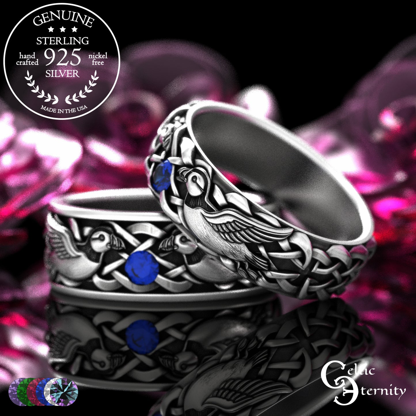 Sterling & Emerald Matching Puffin Wedding Band Set - Sea Parrots, 2119 2120