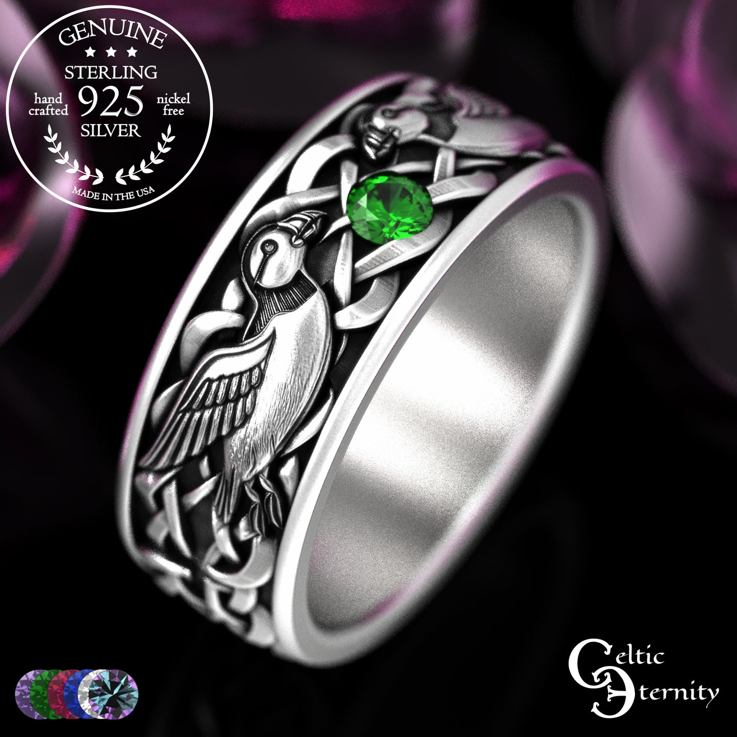 Sterling & Emerald Matching Puffin Wedding Band Set - Sea Parrots, 2119 2120