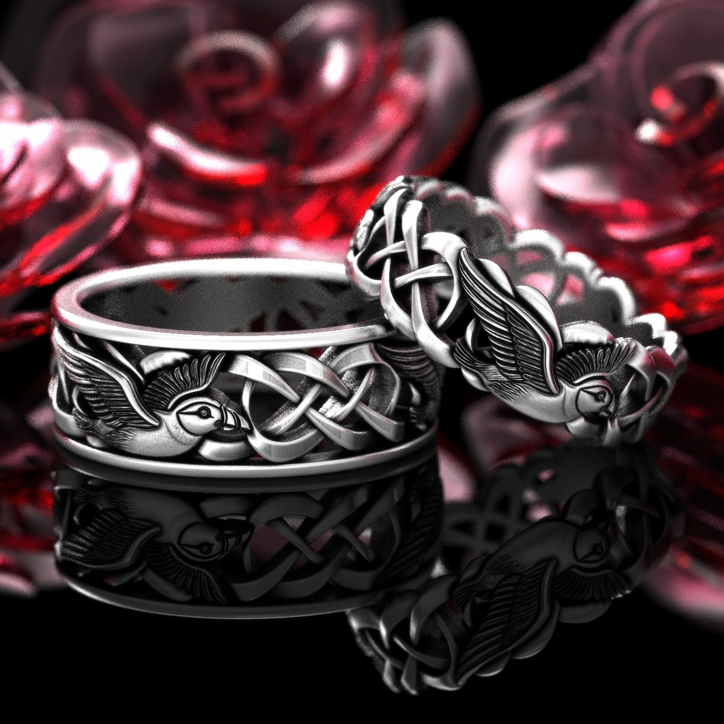 Sterling Matching Seabird Puffins Wedding Band Set, 2122 2123