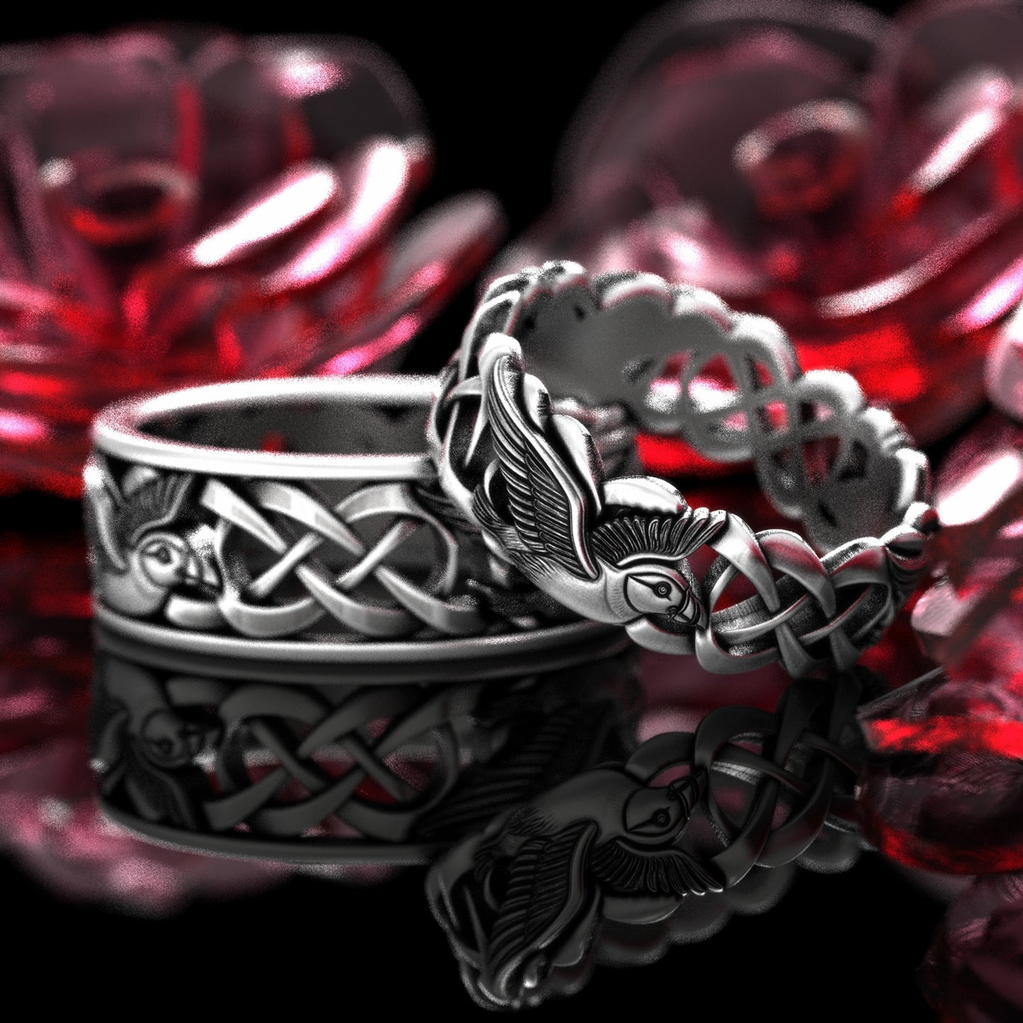 Sterling Matching Seabird Puffins Wedding Band Set, 2122 2123