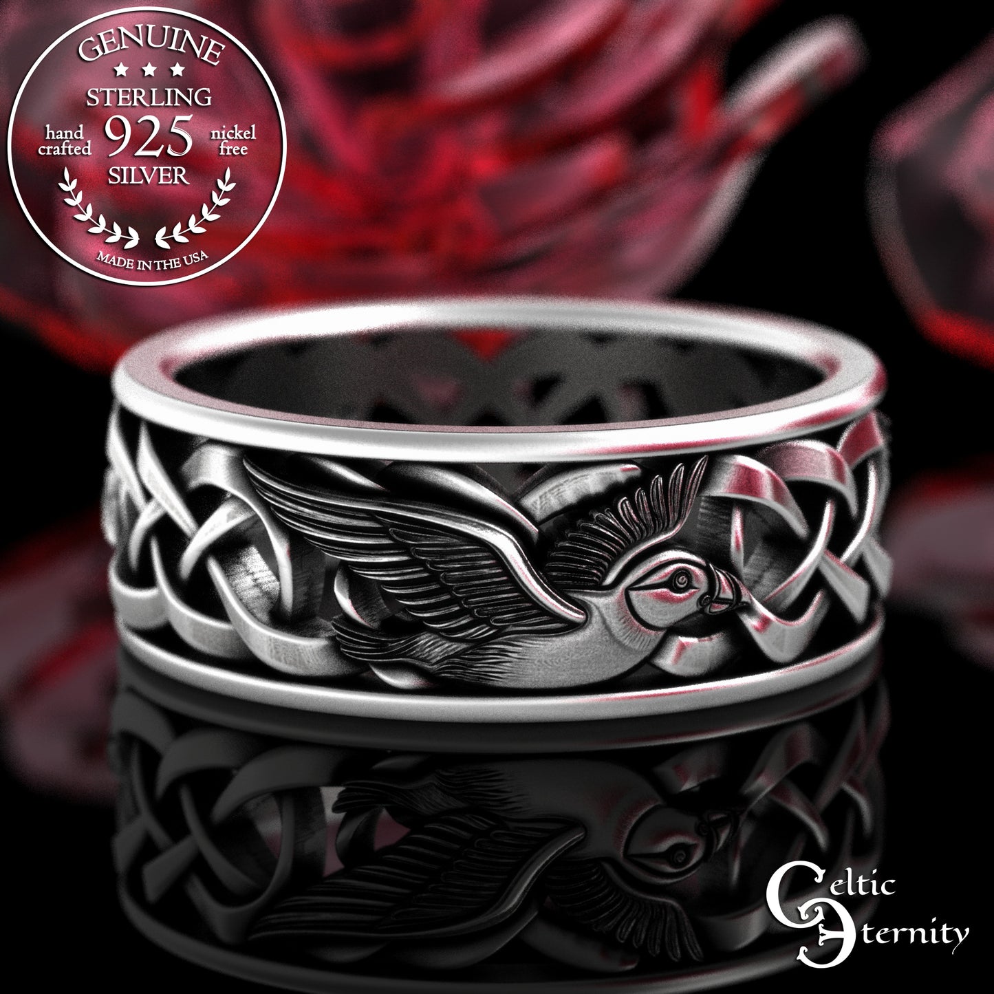 Men's Sterling Silver Puffins Wedding Band, 2123