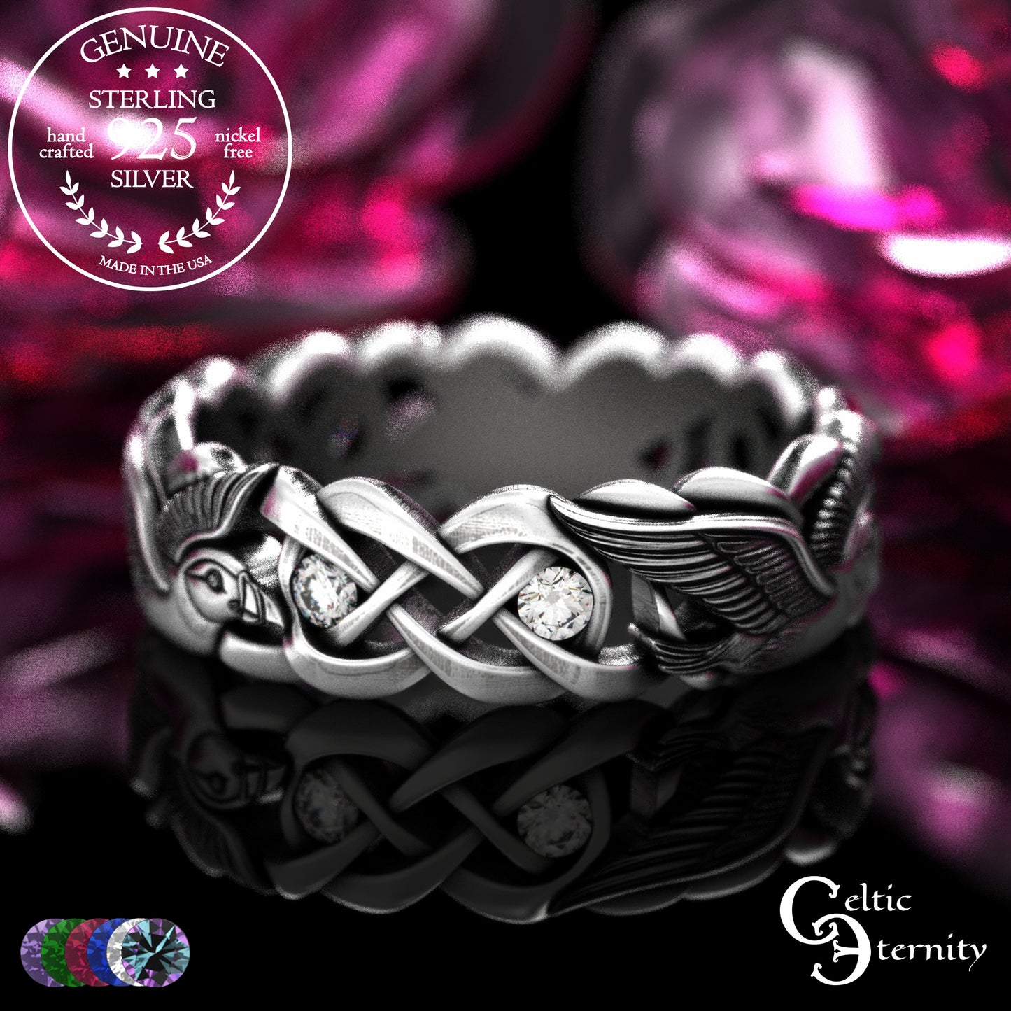 Sterling Woman's Puffin Bird Wedding Band with Emeralds, 2124