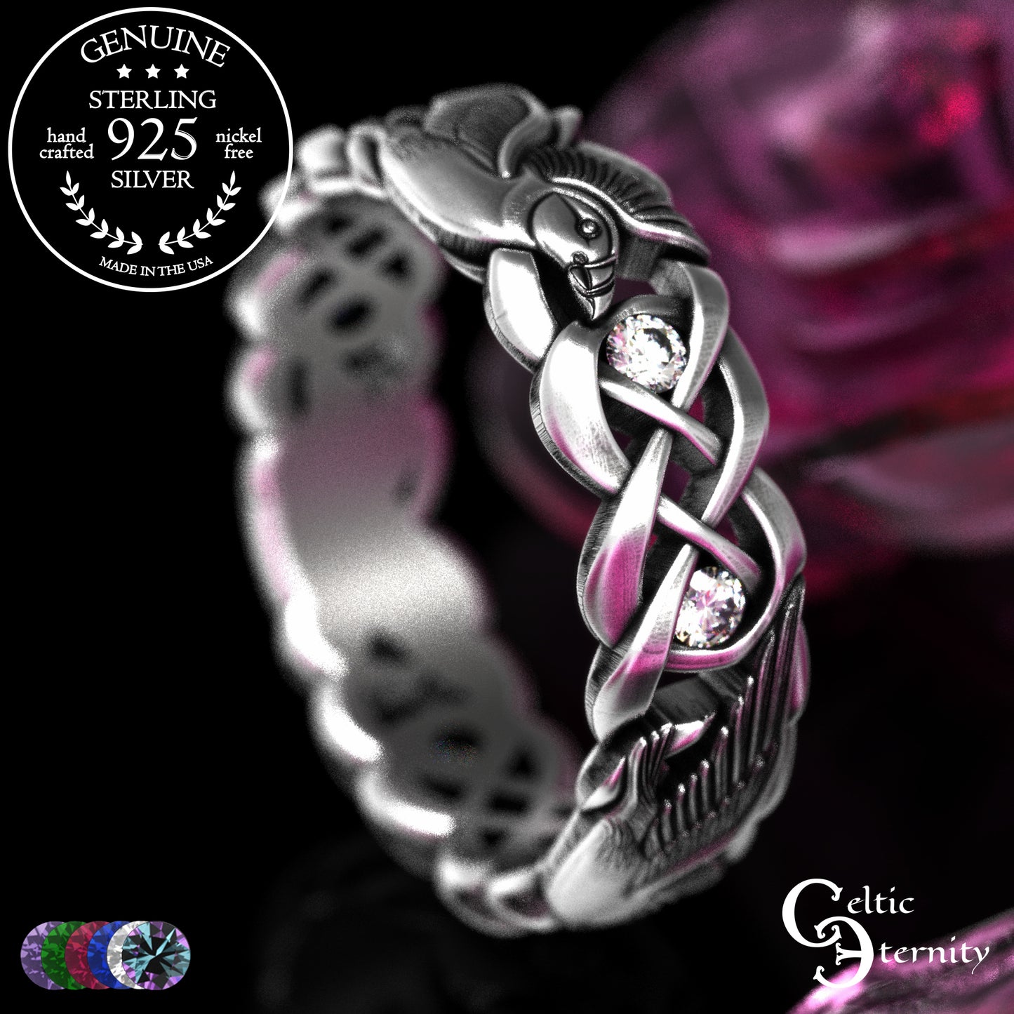 Sterling Woman's Puffin Bird Wedding Band with Emeralds, 2124