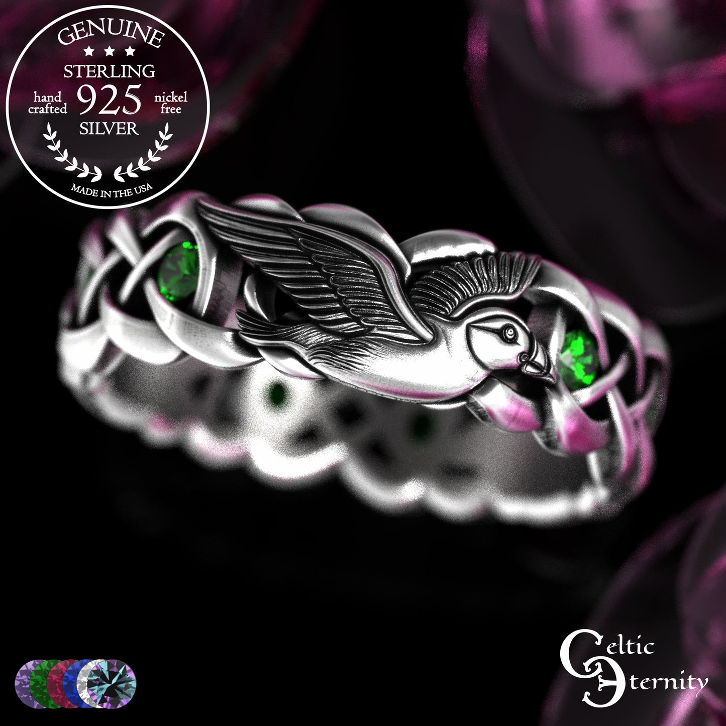Sterling Woman's Puffin Bird Wedding Band with Emeralds, 2124