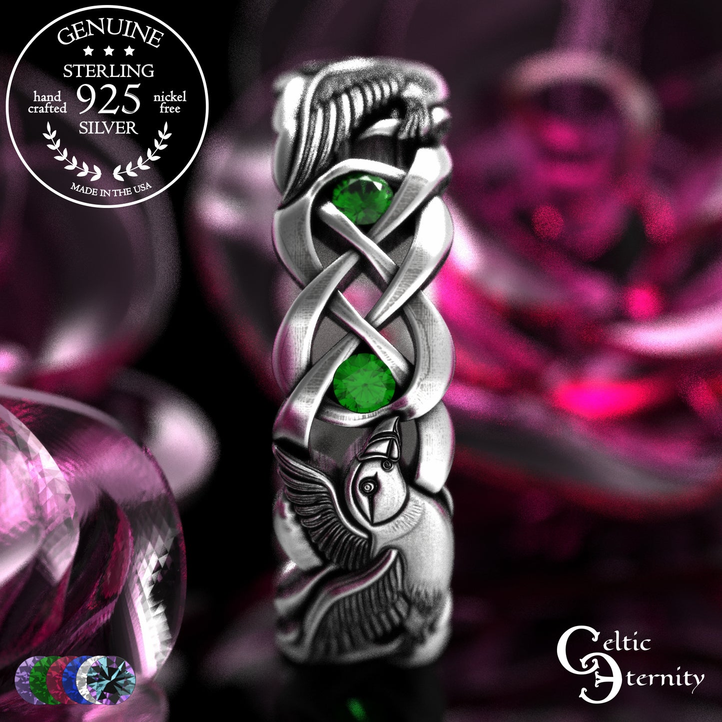 Sterling Woman's Puffin Bird Wedding Band with Emeralds, 2124