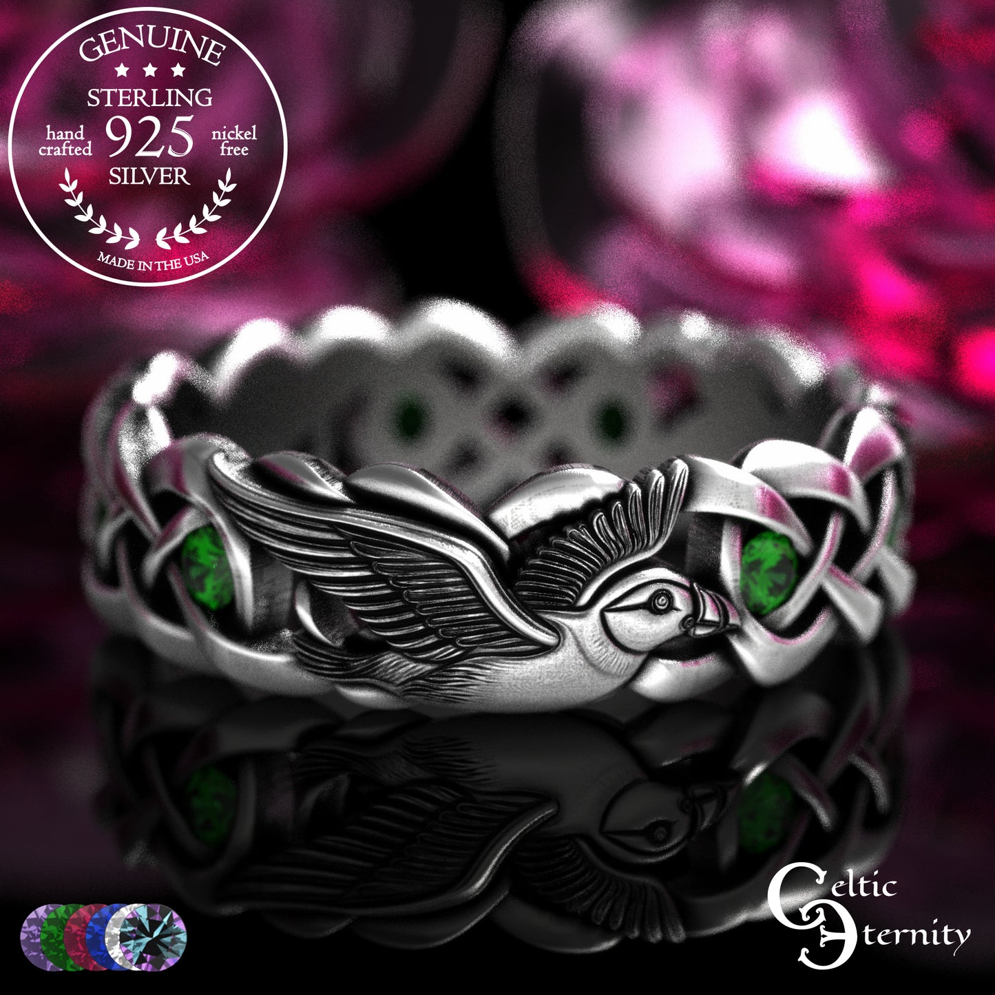 Sterling Woman's Puffin Bird Wedding Band with Emeralds, 2124