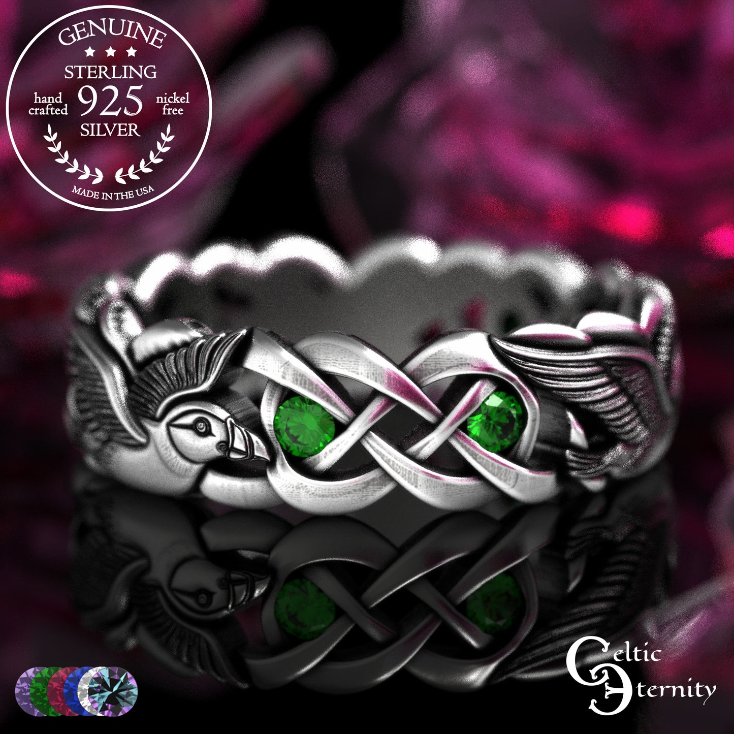 Sterling Woman's Puffin Bird Wedding Band with Emeralds, 2124